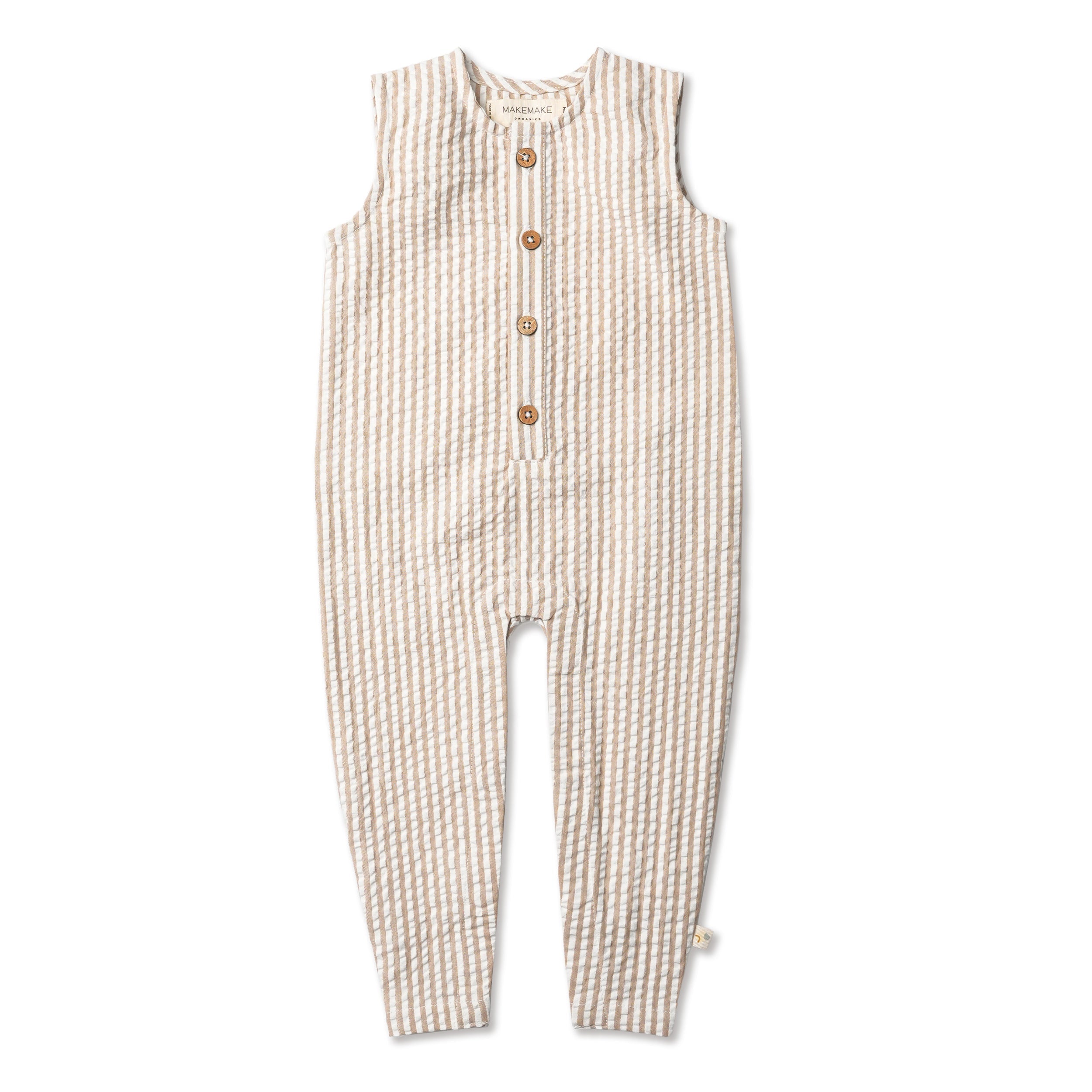 Organic Sleeveless Full Romper - Brown Stripes