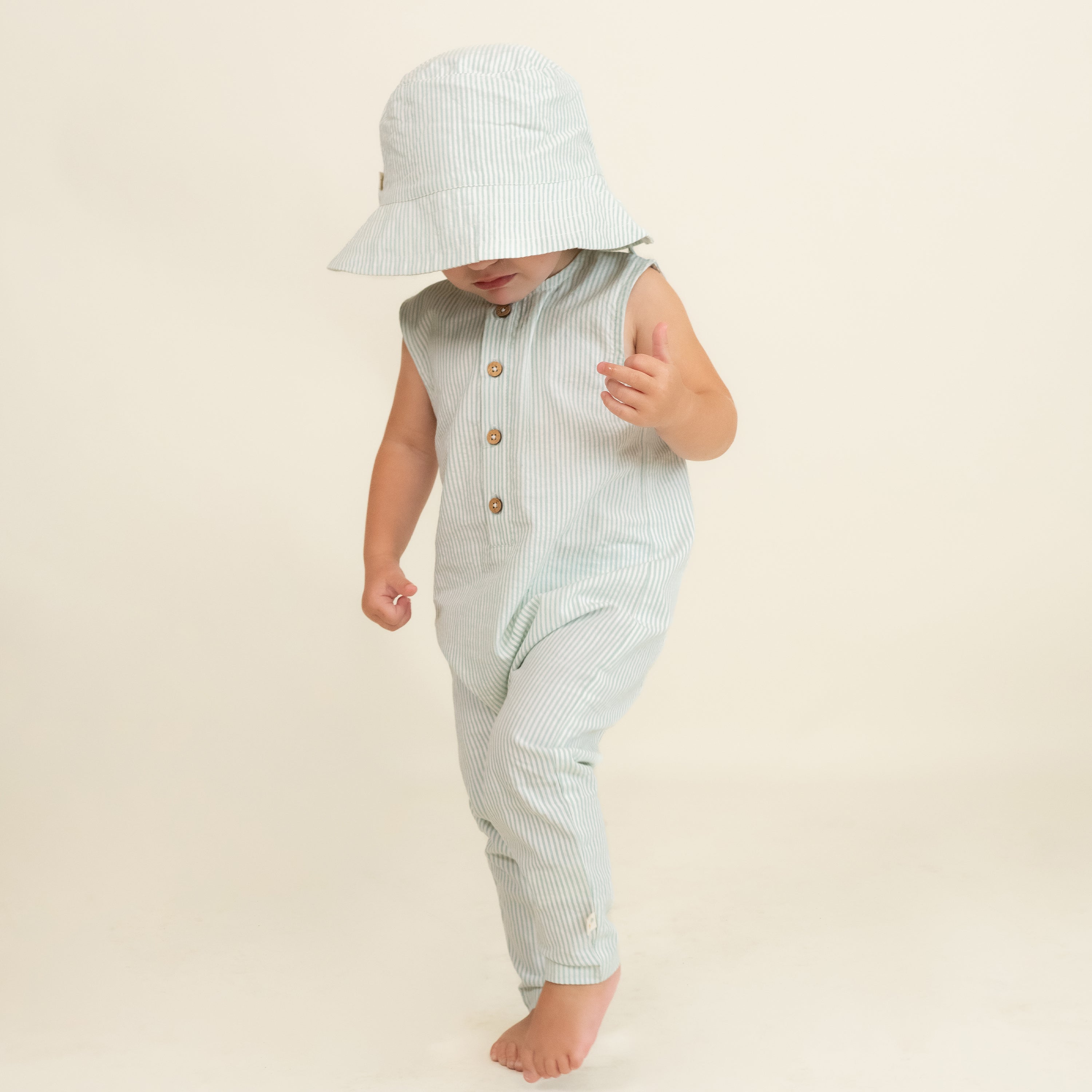 Organic Sleeveless Full Romper - Green Stripes