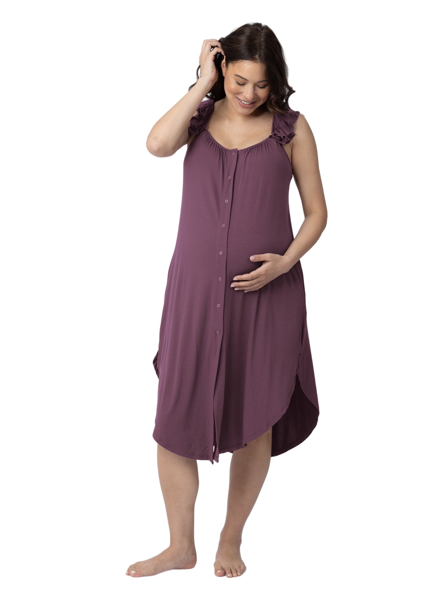 Ruffle Strap Labor & Delivery Gown | Burgundy Plum
