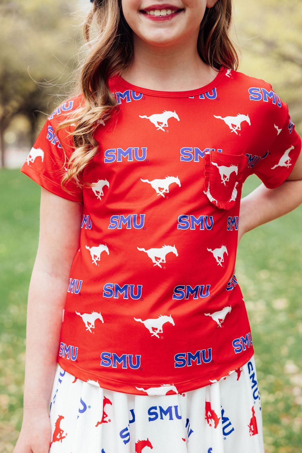 Smu Red Mustang Ruffle Pocket Tee