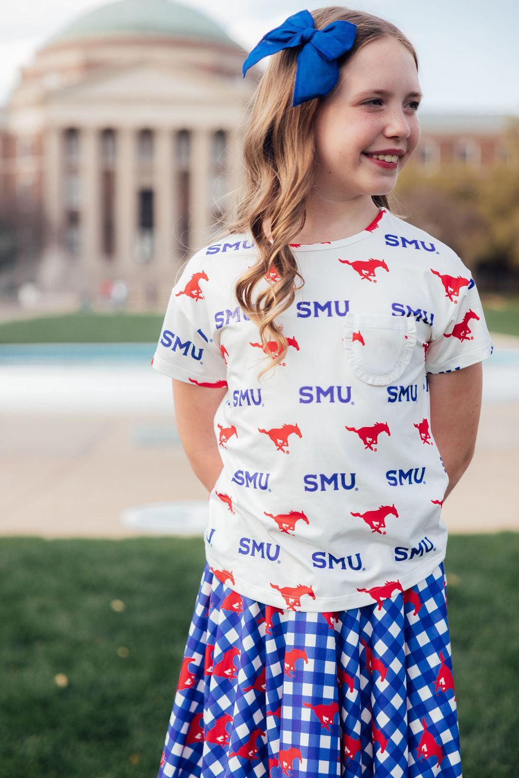 Smu White Mustang Ruffle Pocket Tee