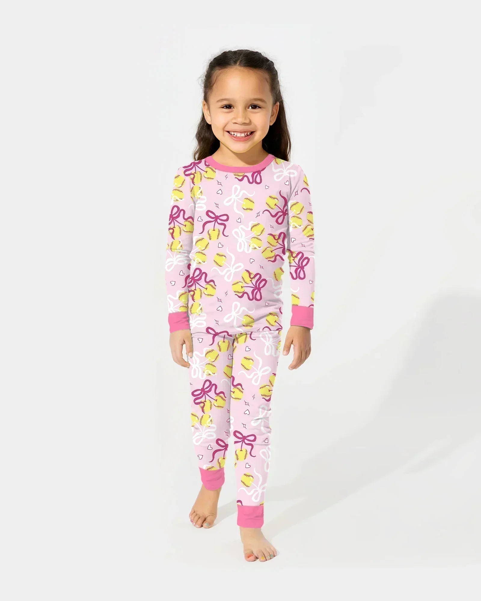 Softball Cherry Mom And Girl Matching Bamboo Two Piece Long Sleeve Pajama Set