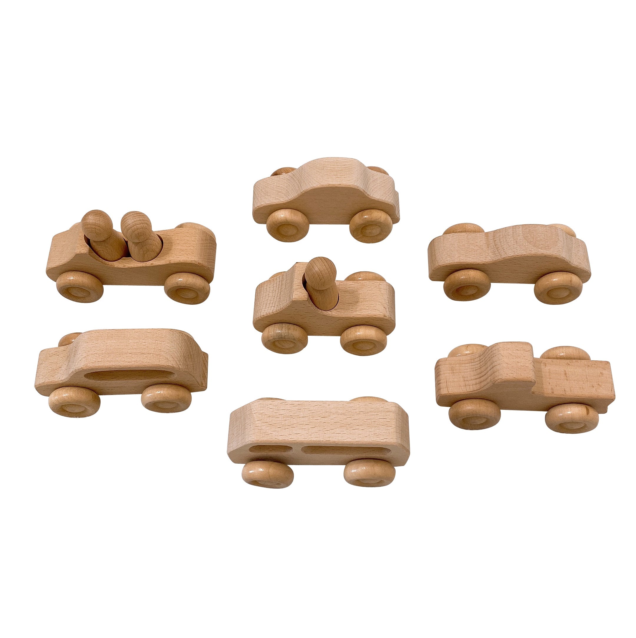 7 Pcs Natural Wooden Cars Set With 3 Pcs Peg Dolls