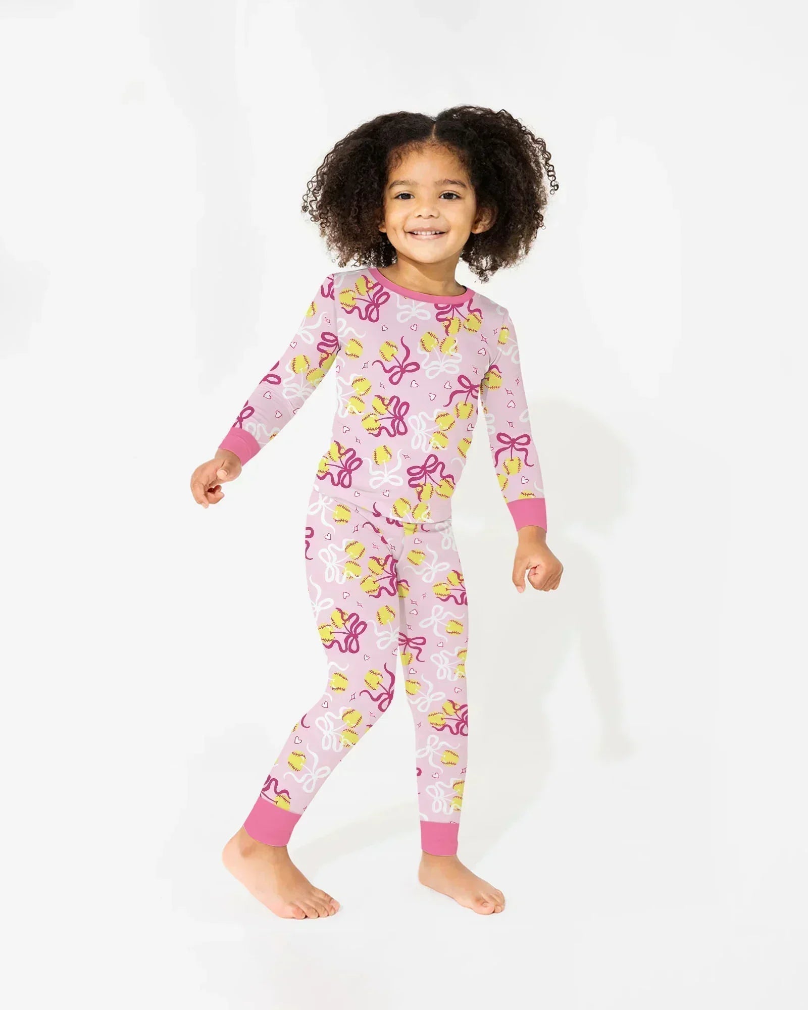 Softball Cherry Mom And Girl Matching Bamboo Two Piece Long Sleeve Pajama Set