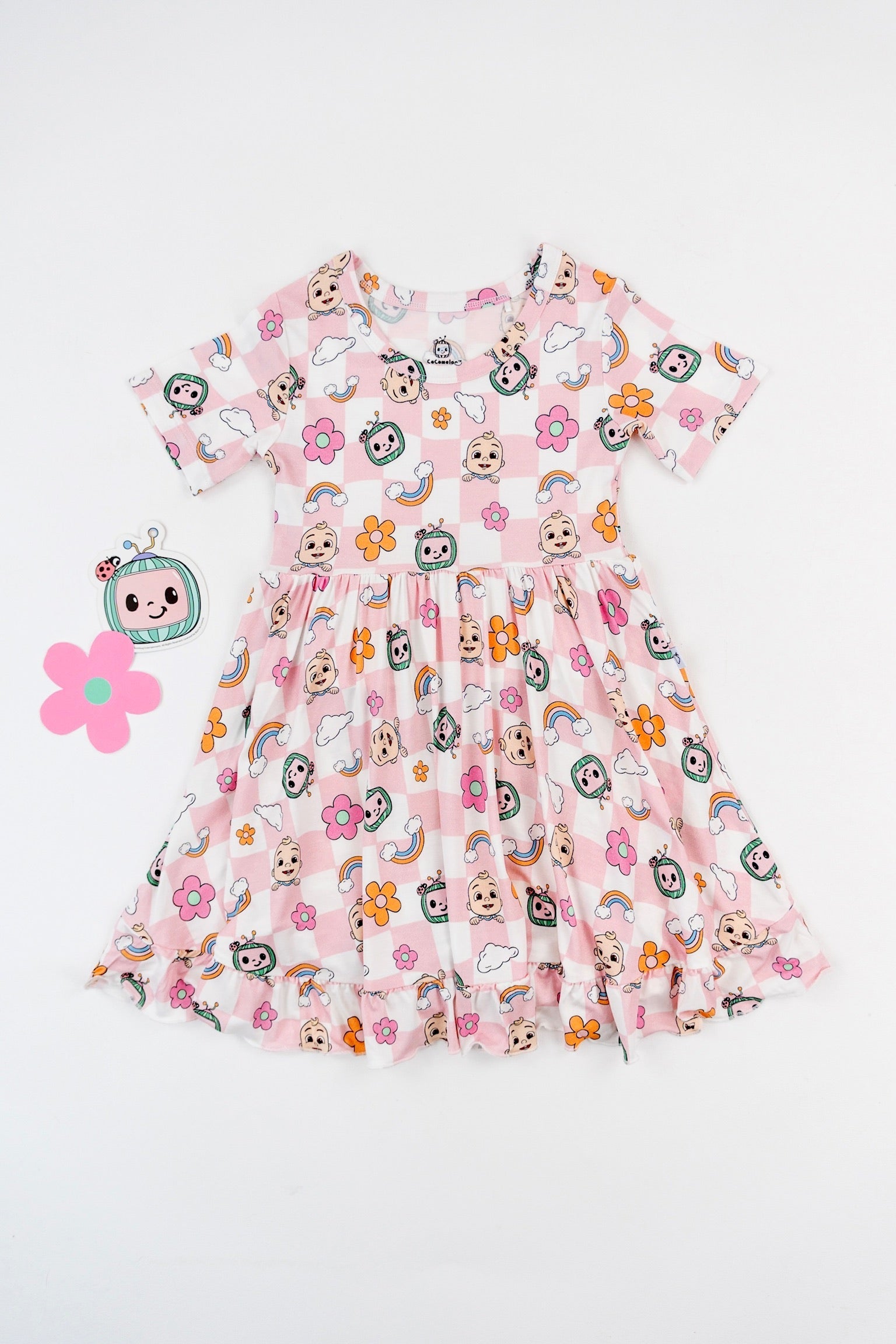 Dream Big Little Co X Cocomelon Jj Rainbow Checkers Short Sleeve Dream Ruffle Dress