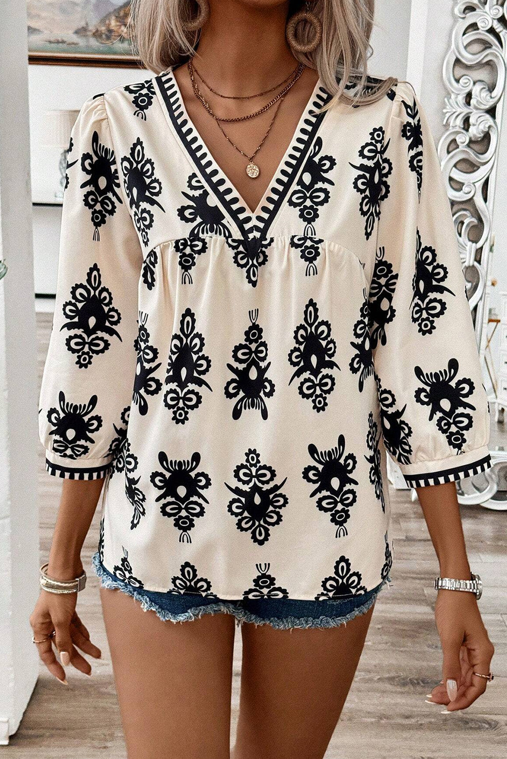 Beige Black Detail Quarter Sleeve Blouse