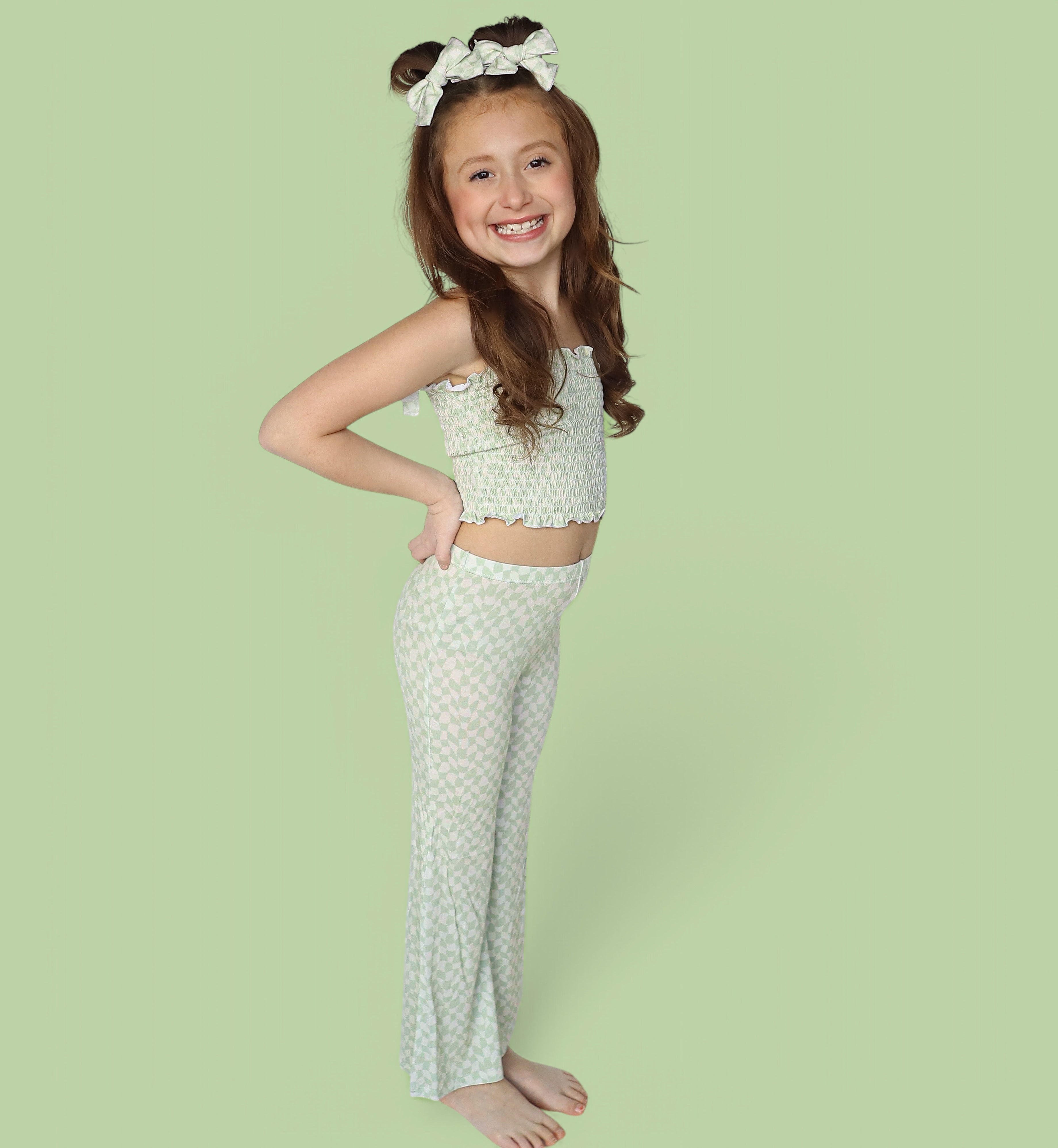 Sage Wavy Checkers Dream Smocked Flare Set