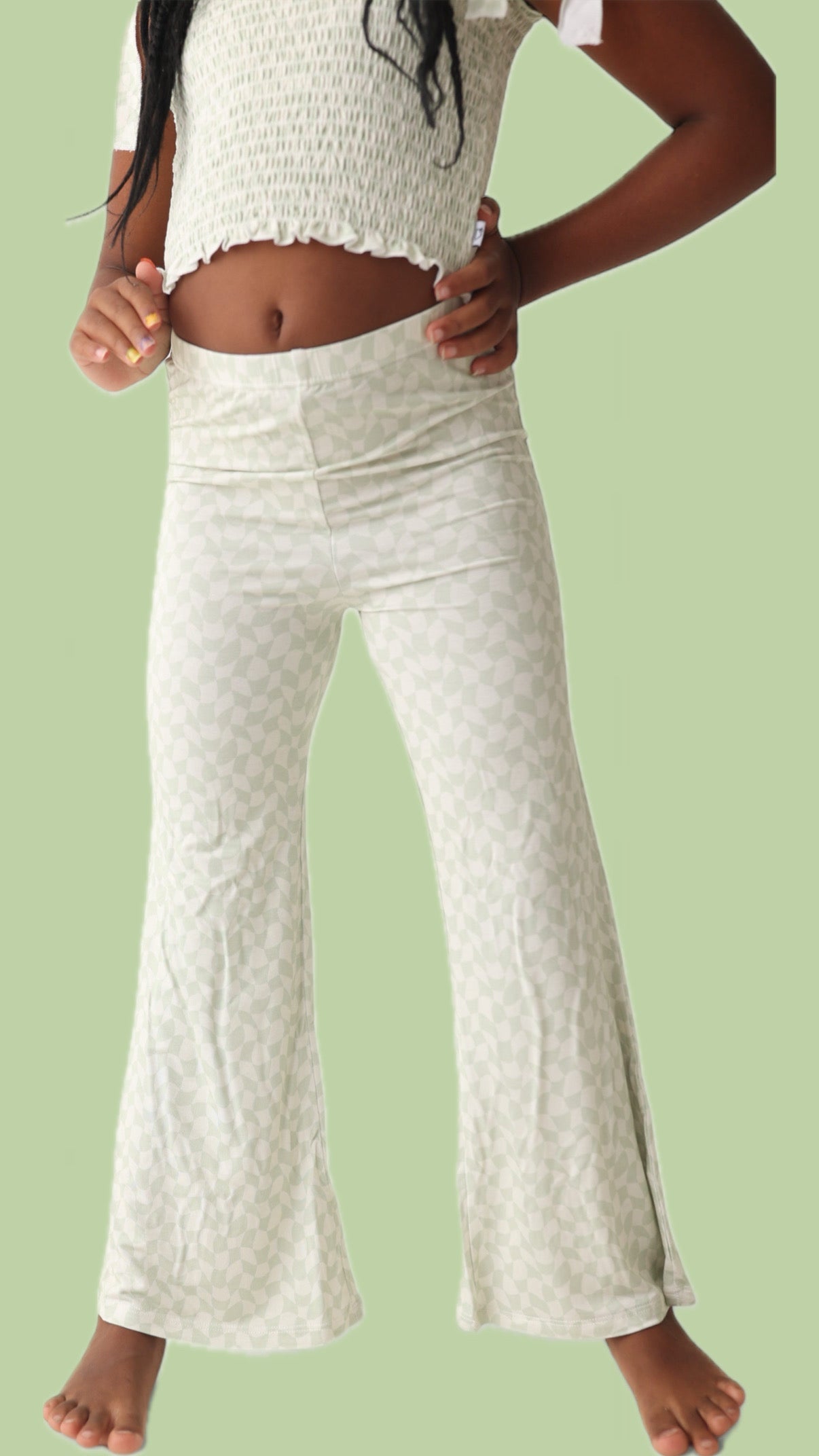 Sage Wavy Checkers Dream Smocked Flare Set