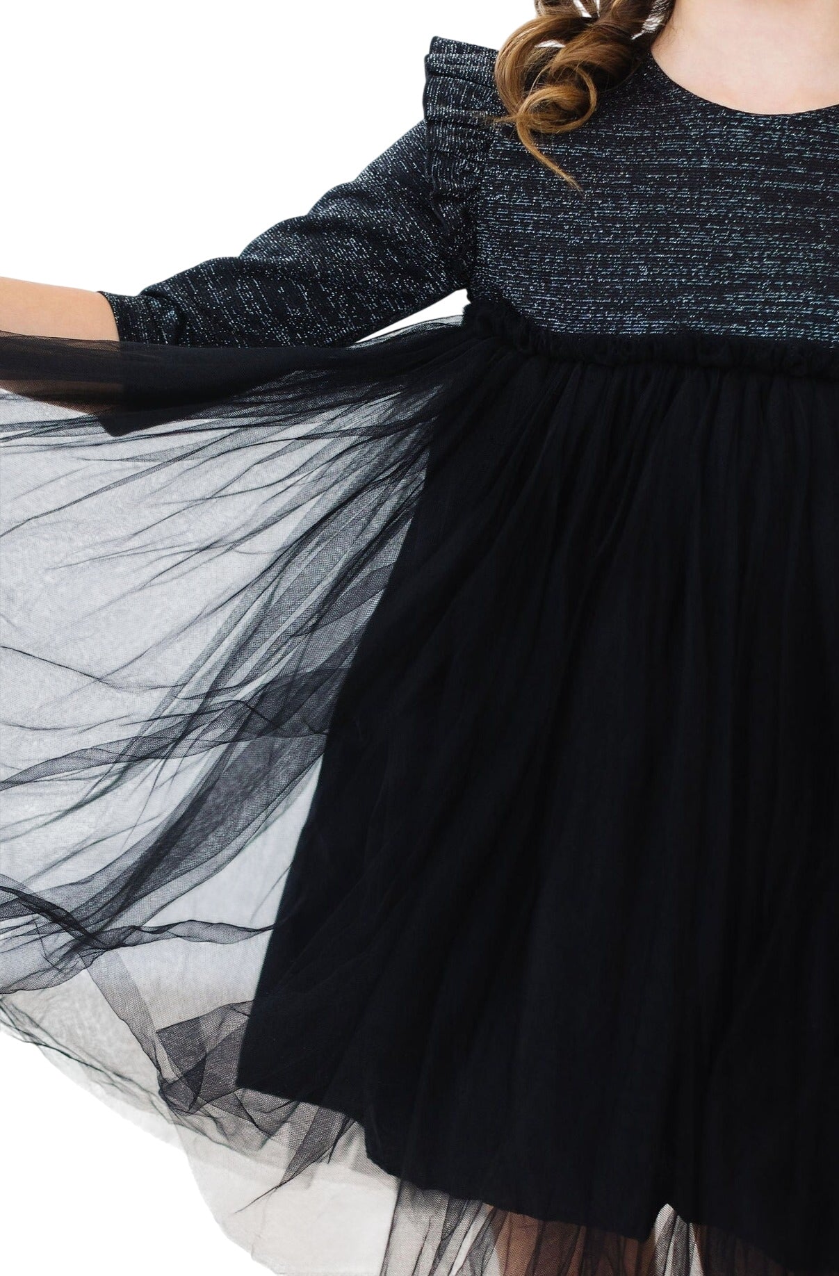 Black Shimmer 3/4 Sleeve Tutu Dress