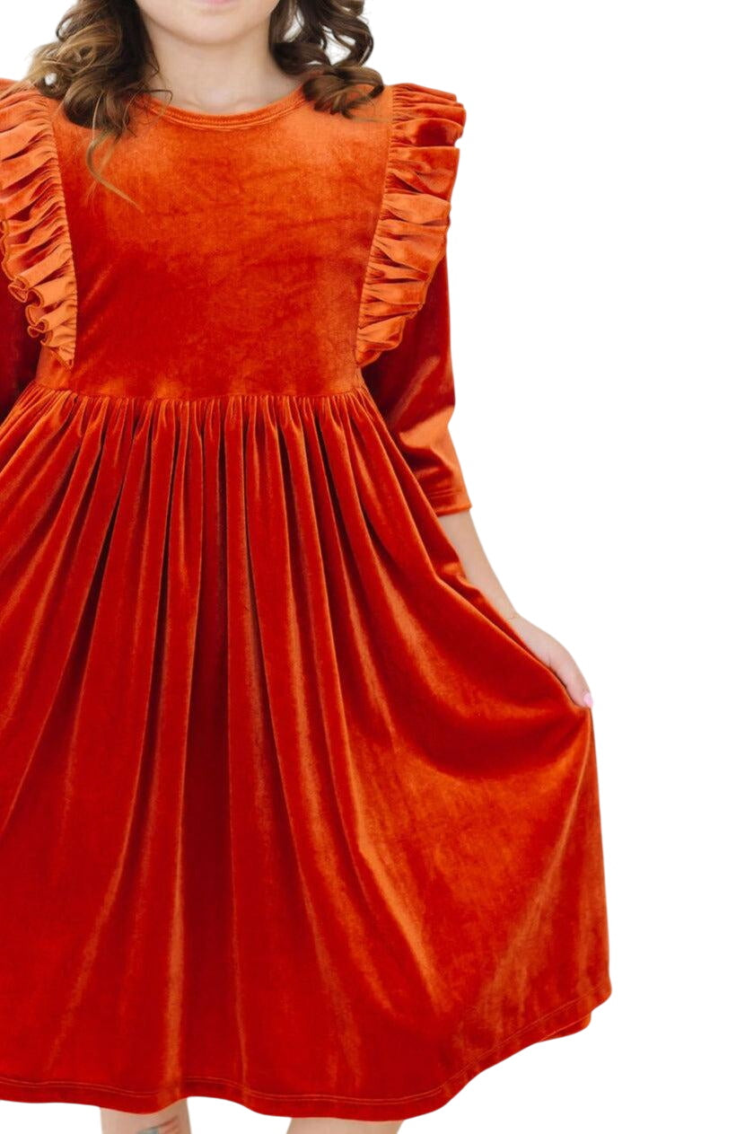 Pumpkin Spice Velvet Ruffle Twirl Dress