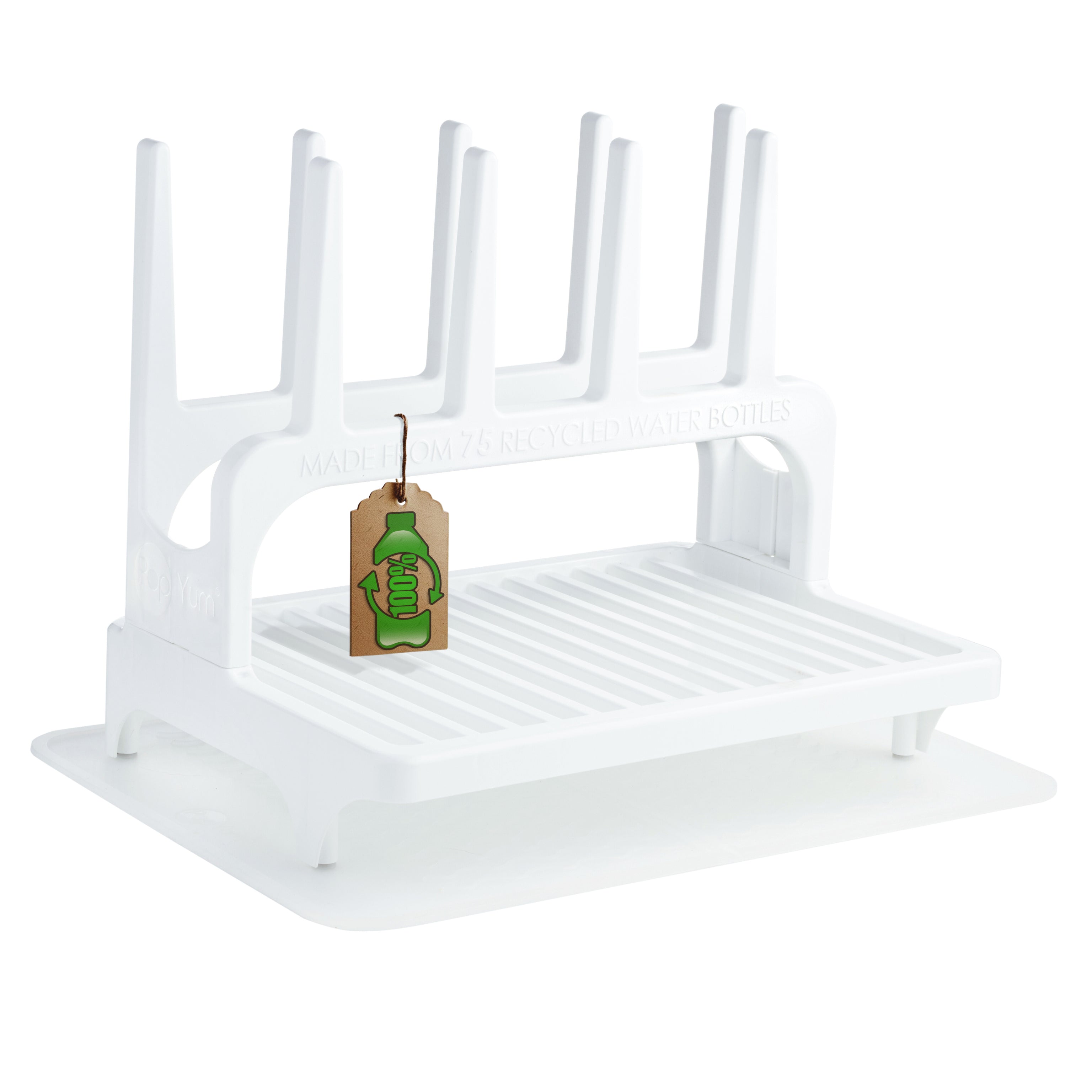 Popyum Glacier White Drying Rack From 100% Recycled Bottles With Silicone Drying Mat, Countertop For Baby Bottles, Plastic Bags, Cups, Compact