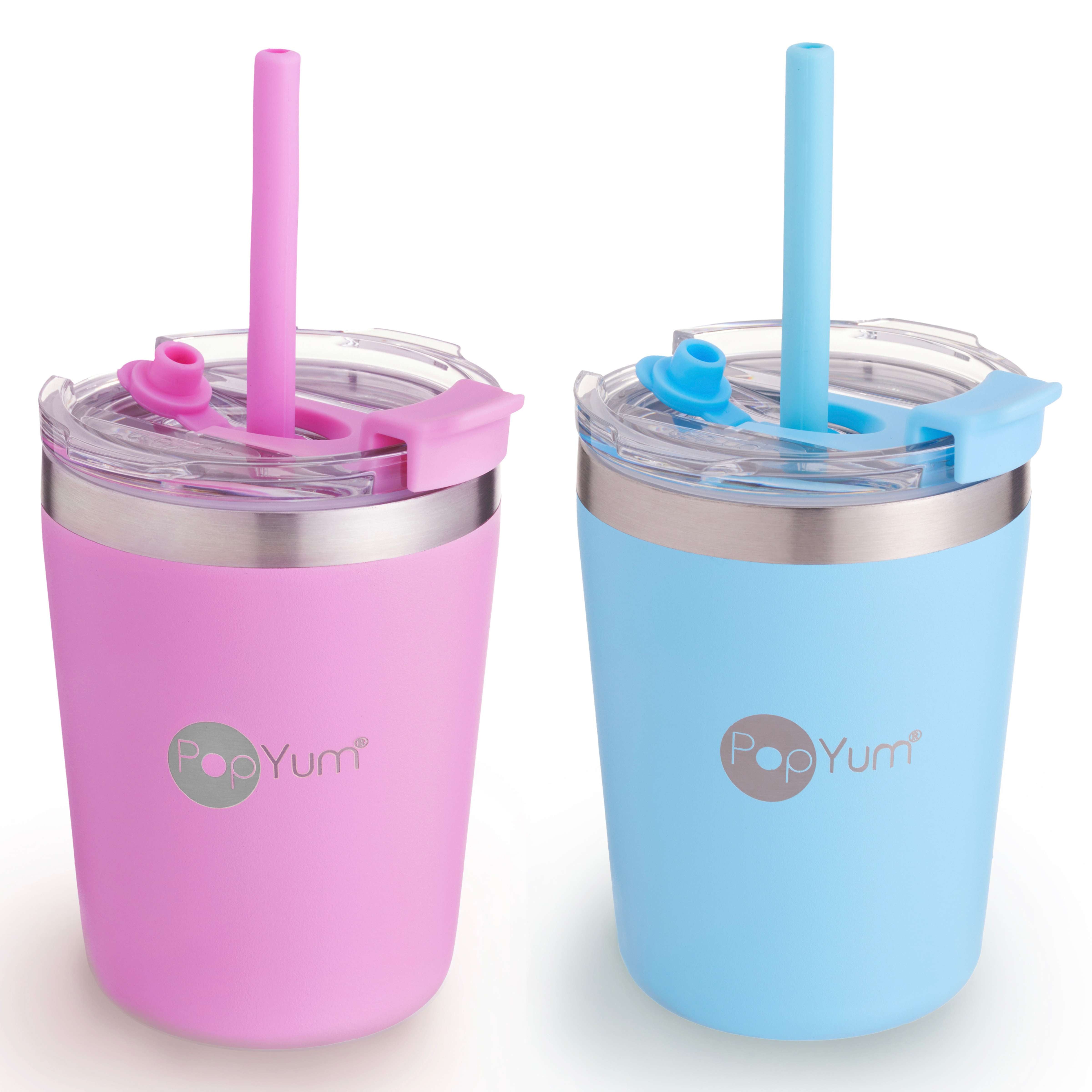 Popyum 9oz Insulated Stainless Steel Kids’ Cups With Lid And Straw, 2-pack, Blue & Pink, Stackable, Sippy, Baby, Child, Toddler, Tumbler