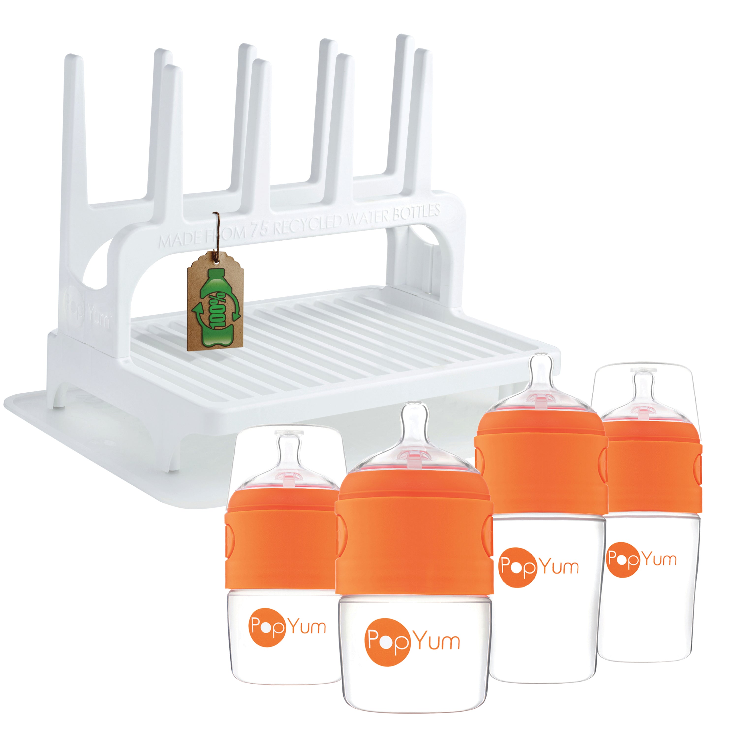 Popyum Orange Baby Bottle Set 4-pack With White Drying Rack & Clear Drying Mat Bundle