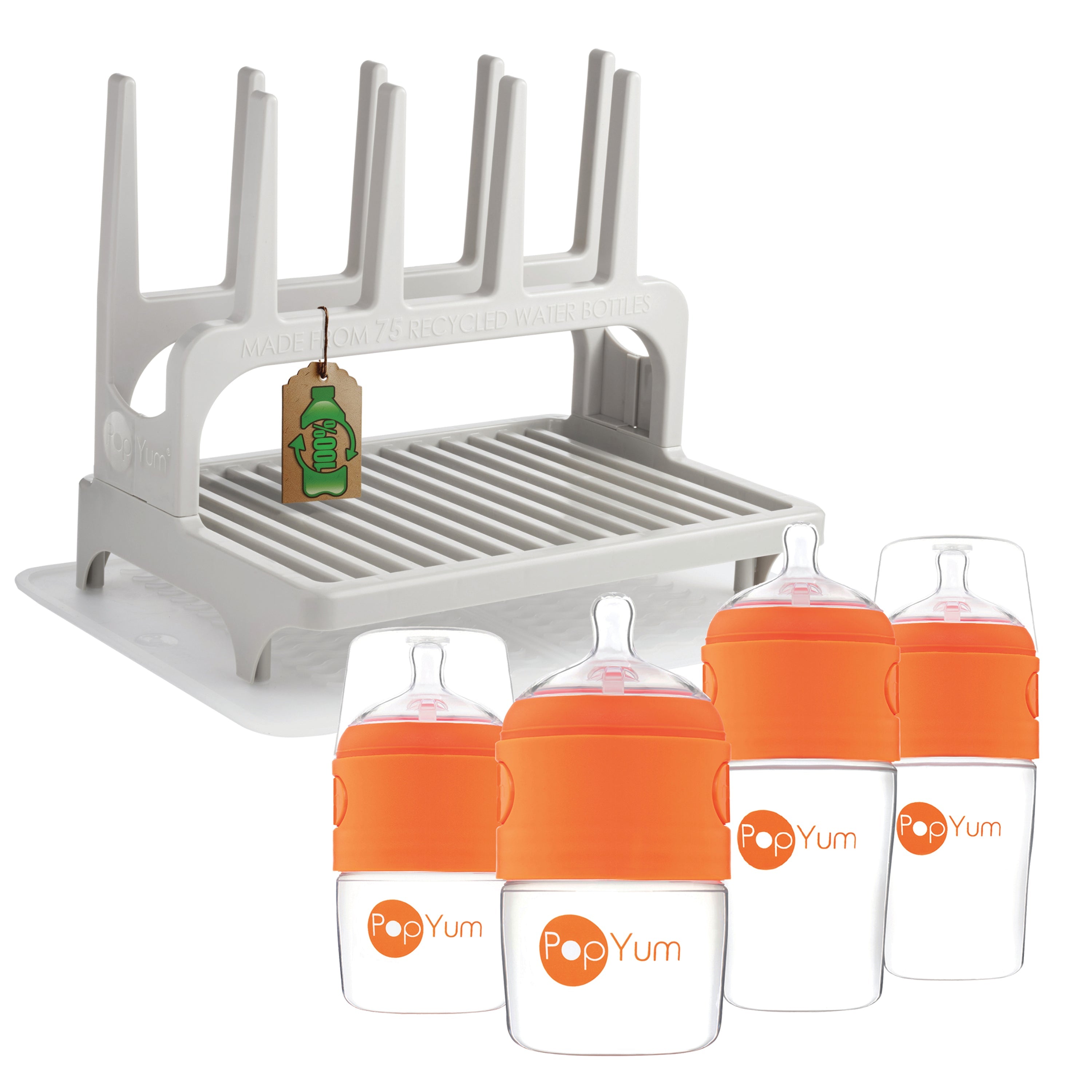 Popyum Orange Baby Bottle Set 4-pack With Gray Drying Rack & Clear Drying Mat Bundle