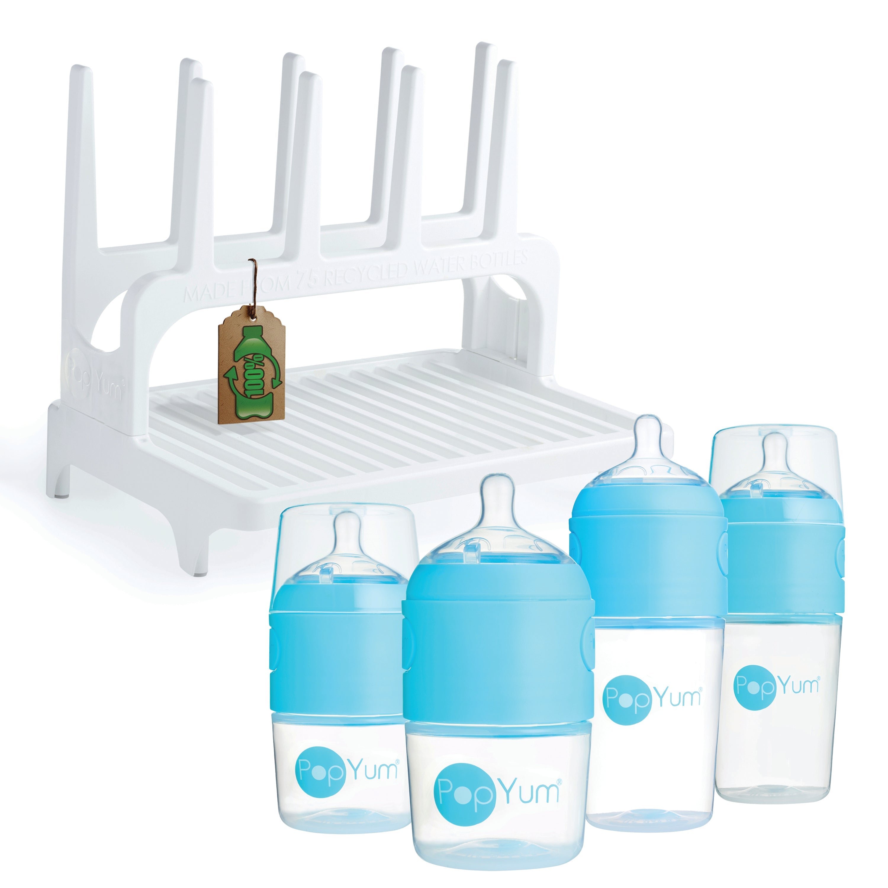 Popyum Blue Formula Making Baby Bottle Set 4-pack With White Drying Rack Bundle