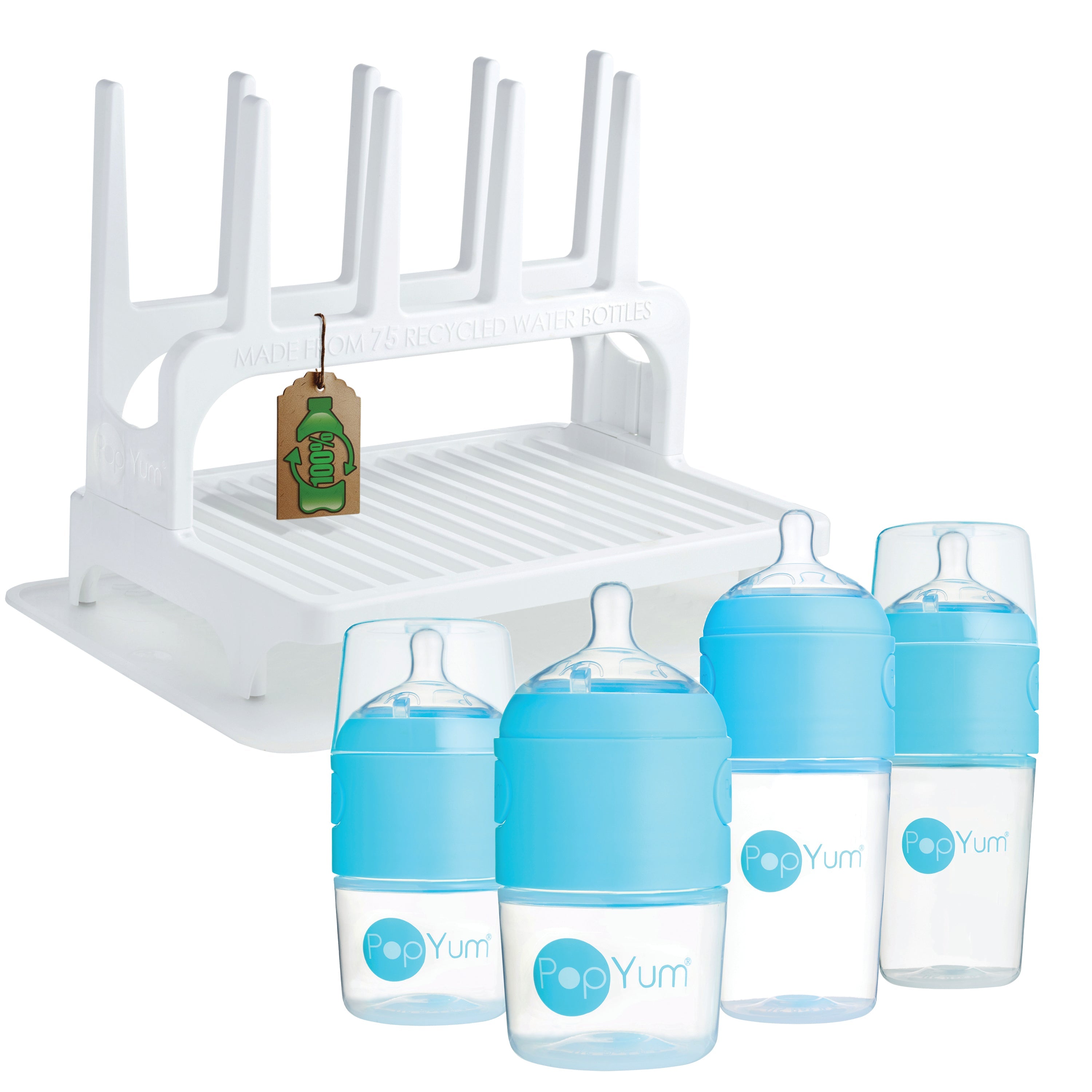 Popyum Blue Baby Bottle Set 4-pack With White Drying Rack & Clear Drying Mat Bundle
