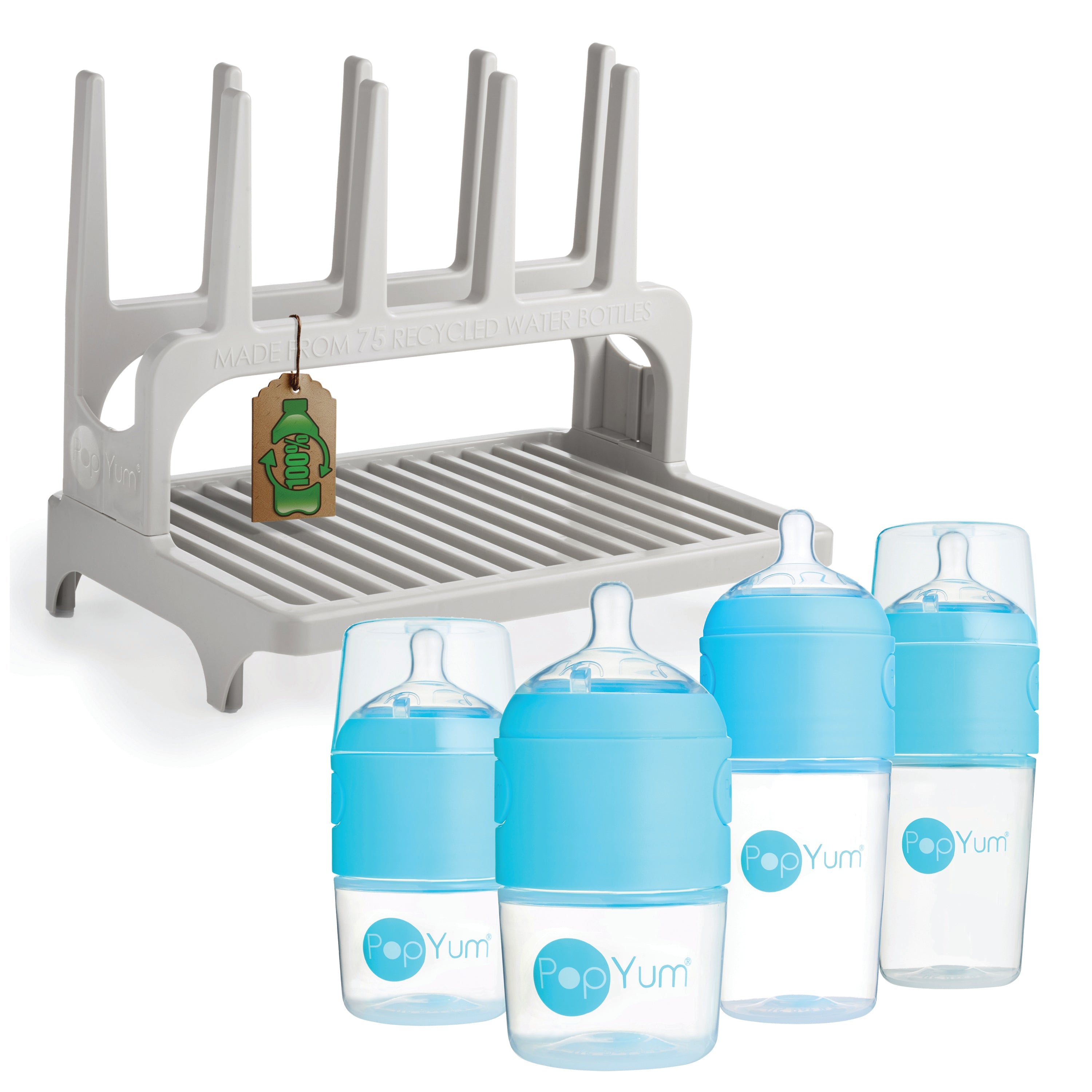 Popyum Blue Formula Making Baby Bottle Set 4-pack With Gray Drying Rack Bundle