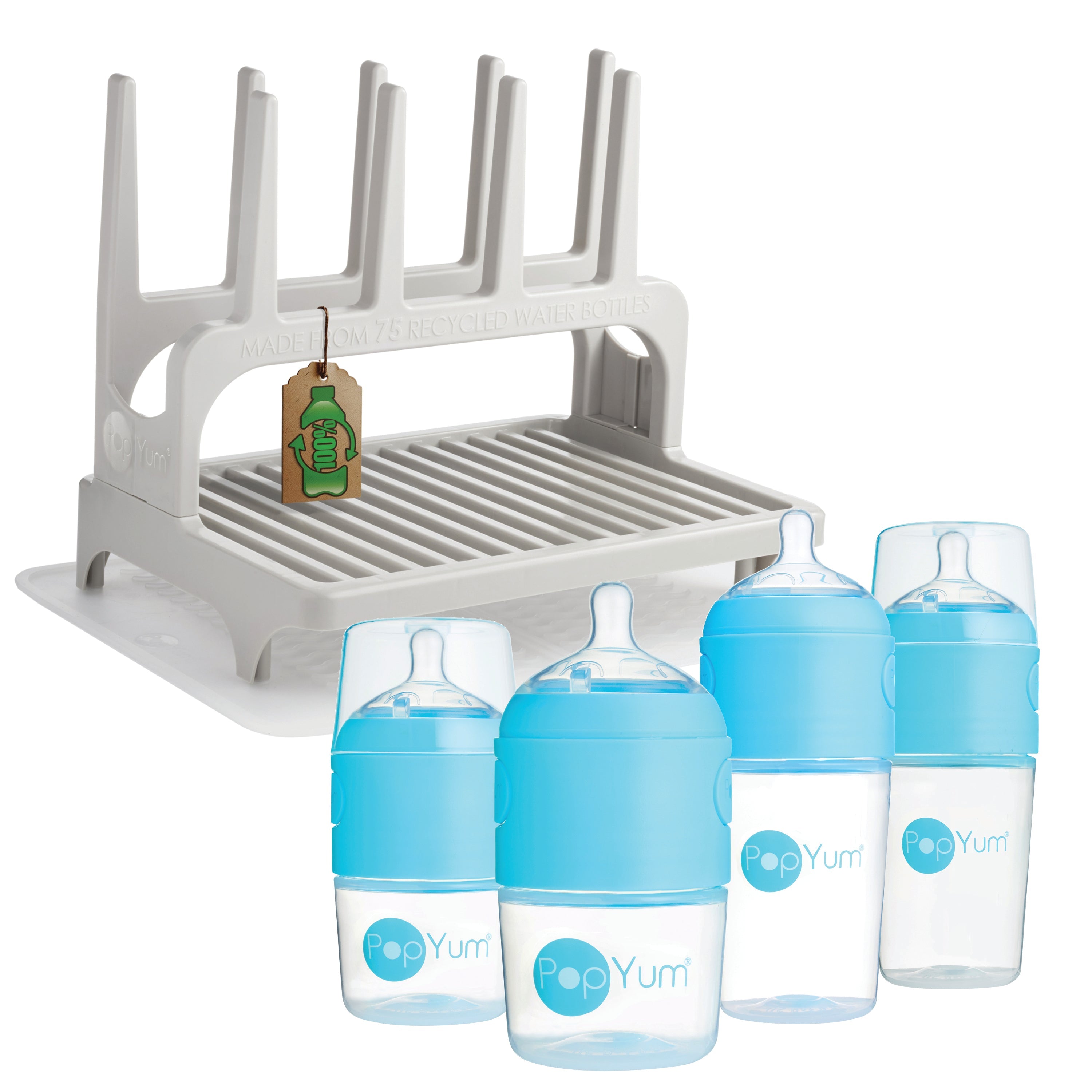 Popyum Blue Baby Bottle Set 4-pack With Gray Drying Rack & Clear Drying Mat Bundle
