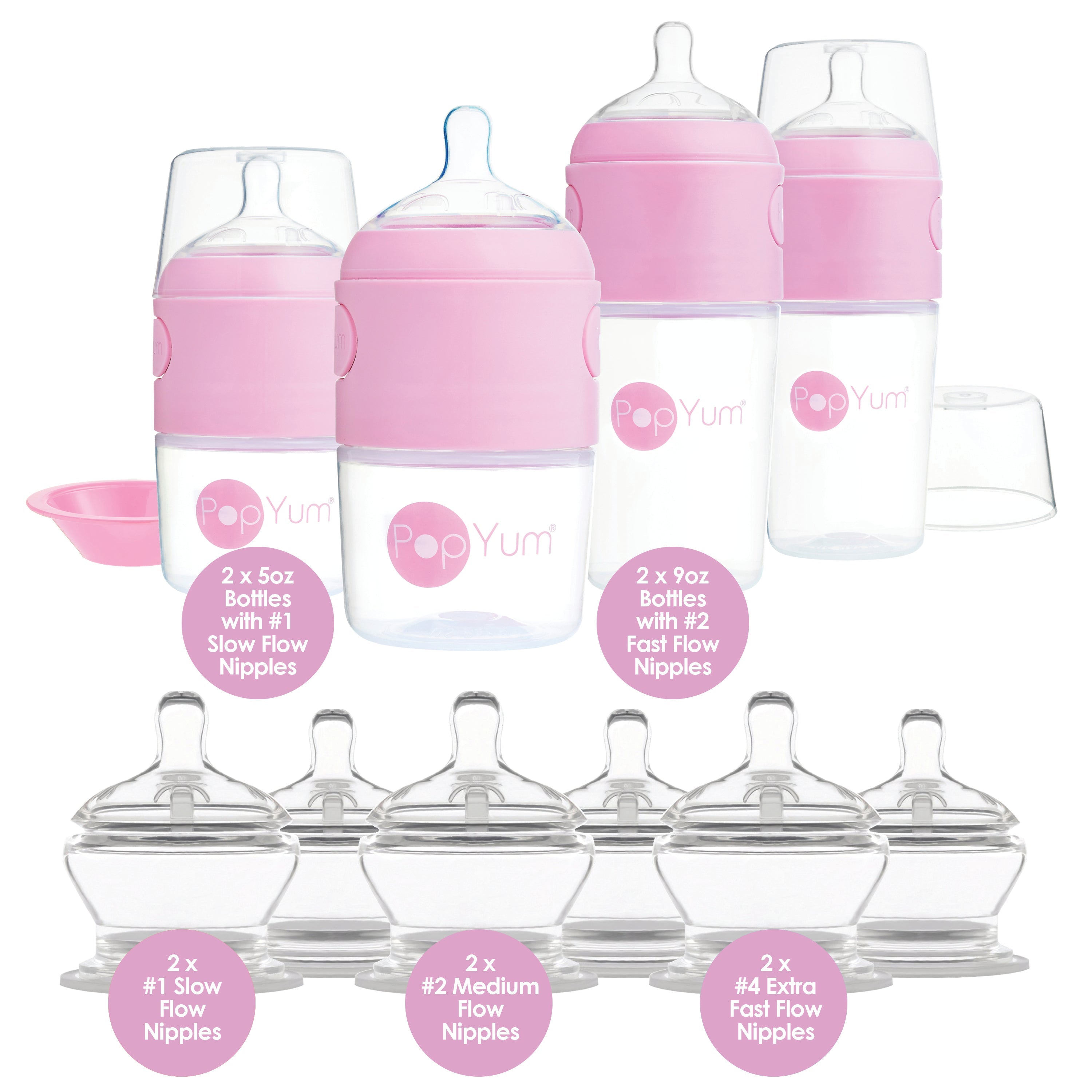 Popyum Pink 10 Piece Bundle: Bottle Set + 3 Nipple 2-packs