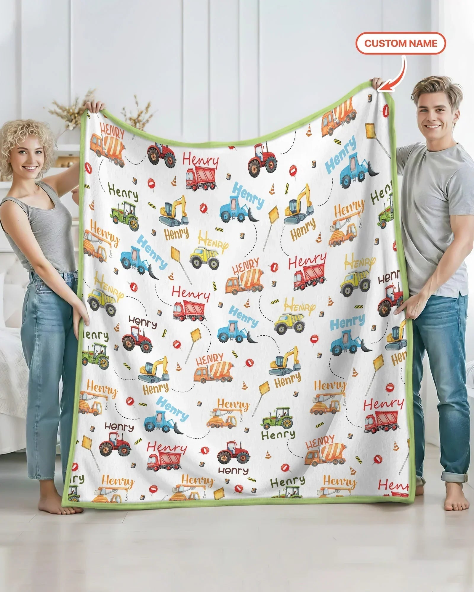 Construction Vehicles Custom Name Bamboo Blanket