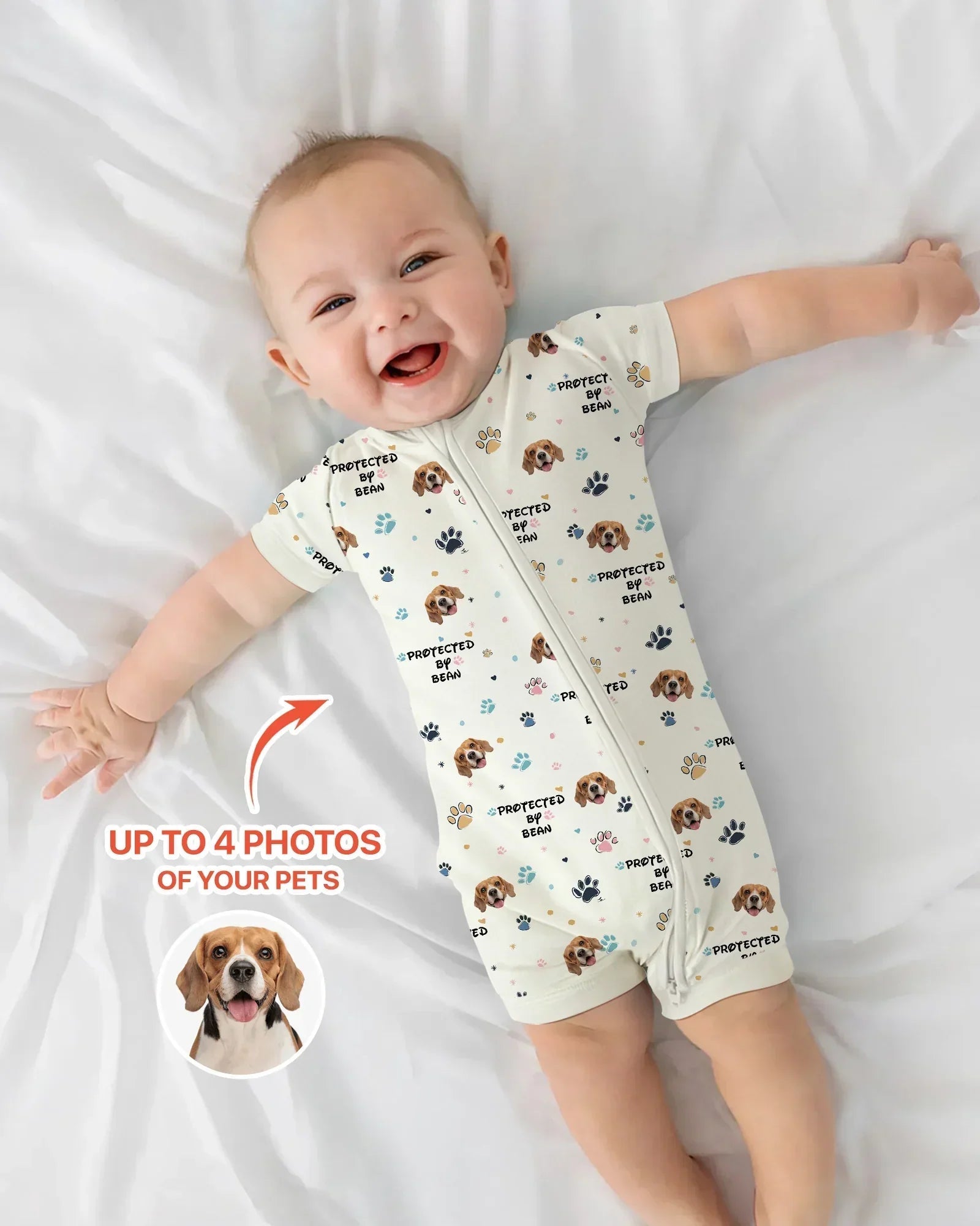 Custom Dog Photo Pattern "protected By" Bamboo Shorty Zippered Romper