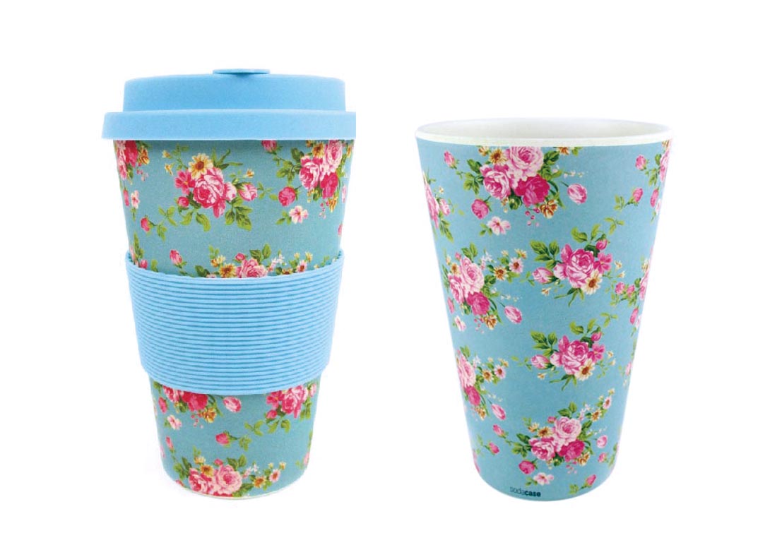 Eco-friendly Reusable Plant Fiber Travel Mug With Blue Floral Design