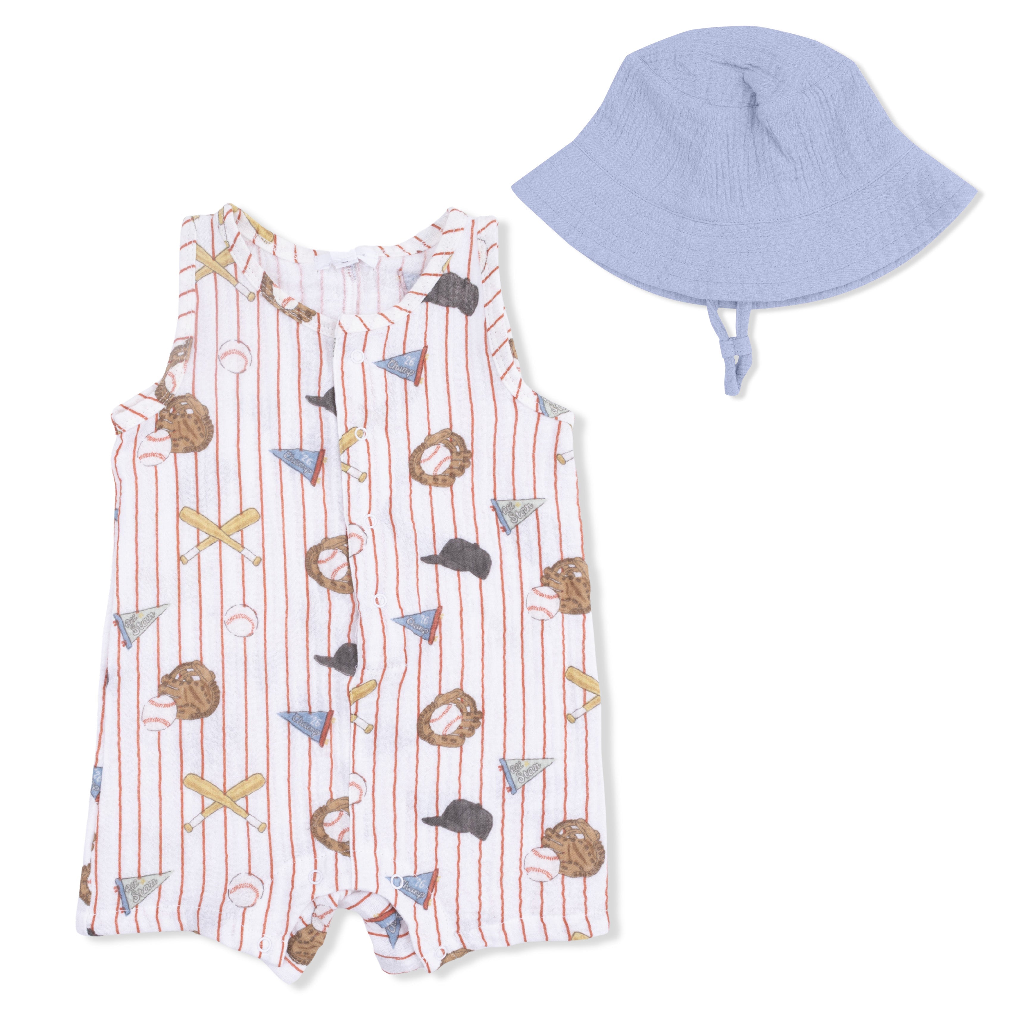 Vintage Baseball Stripe - Muslin Sleeveless Shortie Romper With Bucket Hat