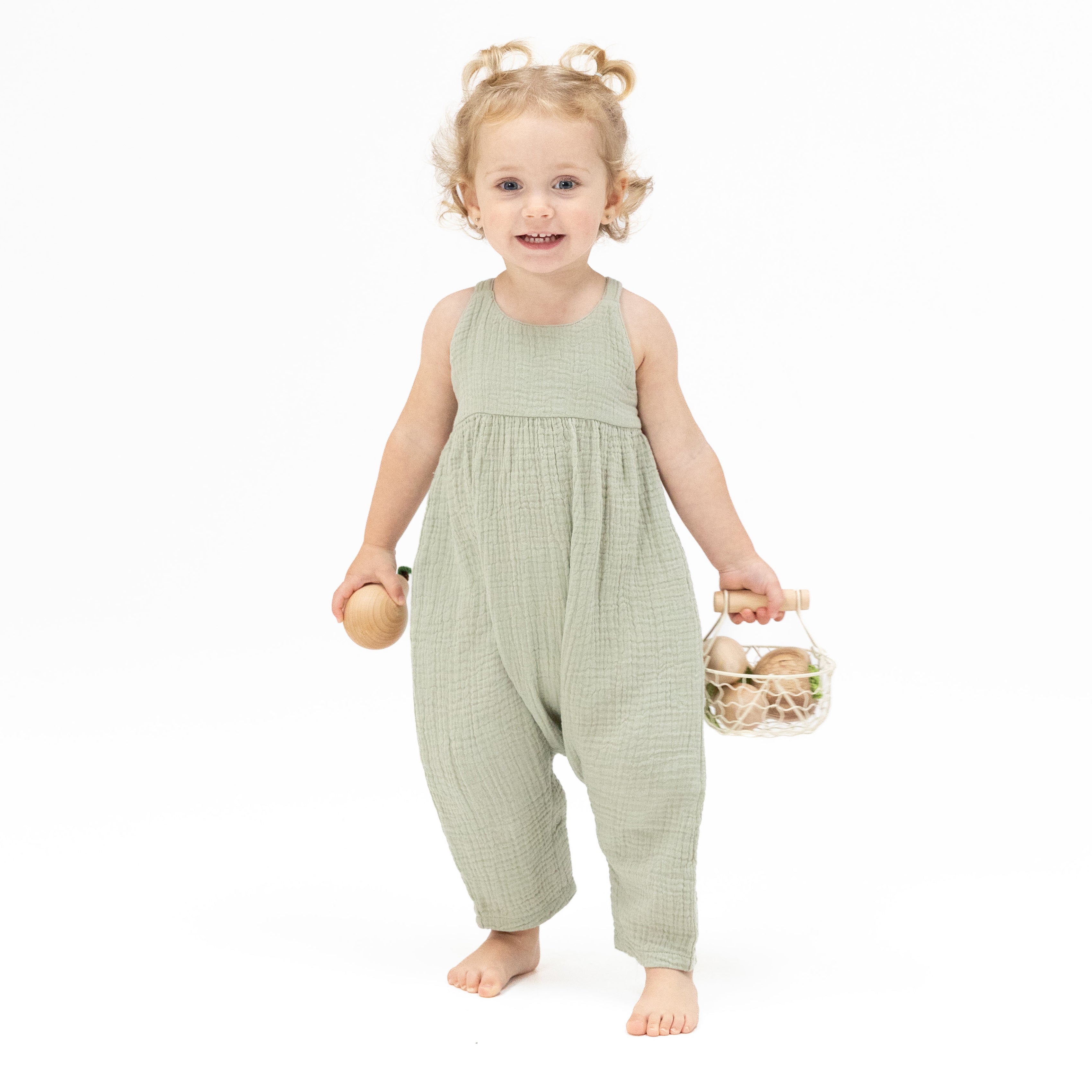 Solid Muslin Desert Green - Tie Back Romper