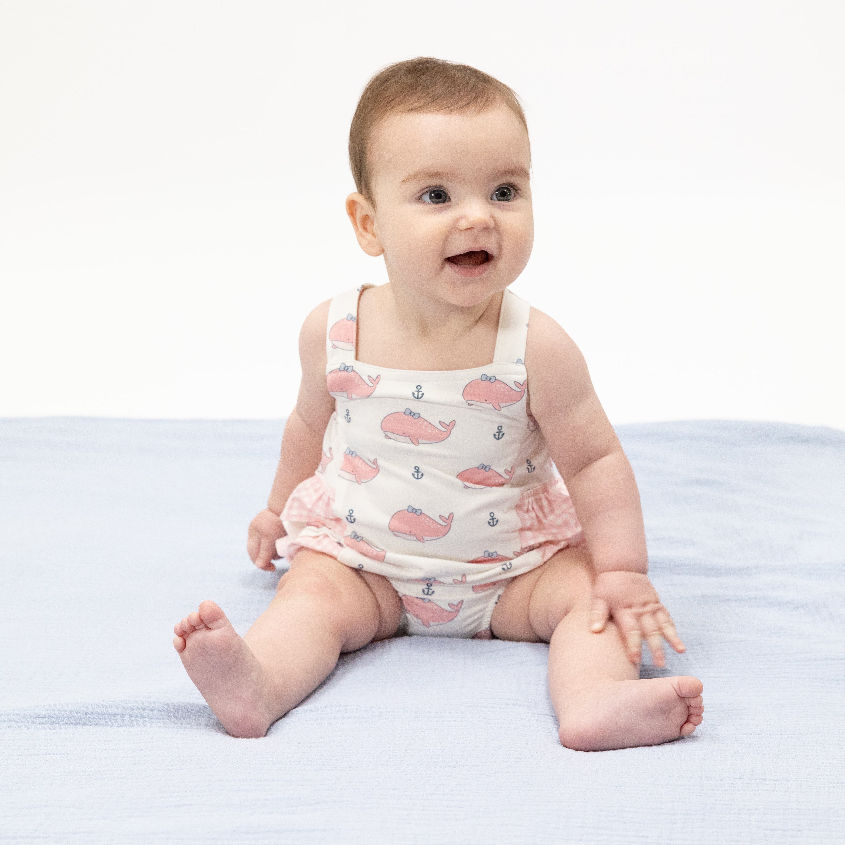 Bubbly Whale With Bow Pink - Ruffle Sunsuit