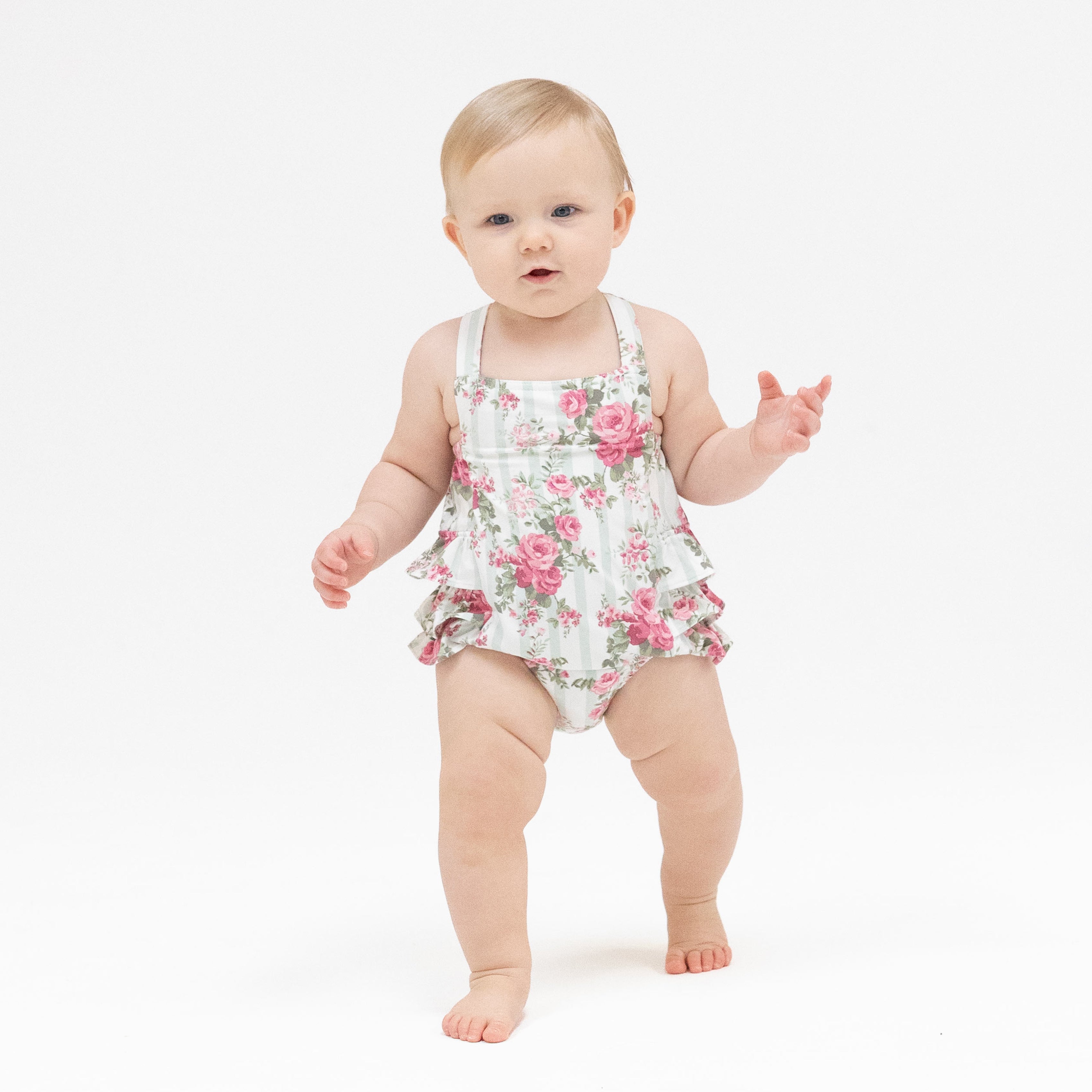 Cabbage Rose Stripe - Ruffle Sunsuit