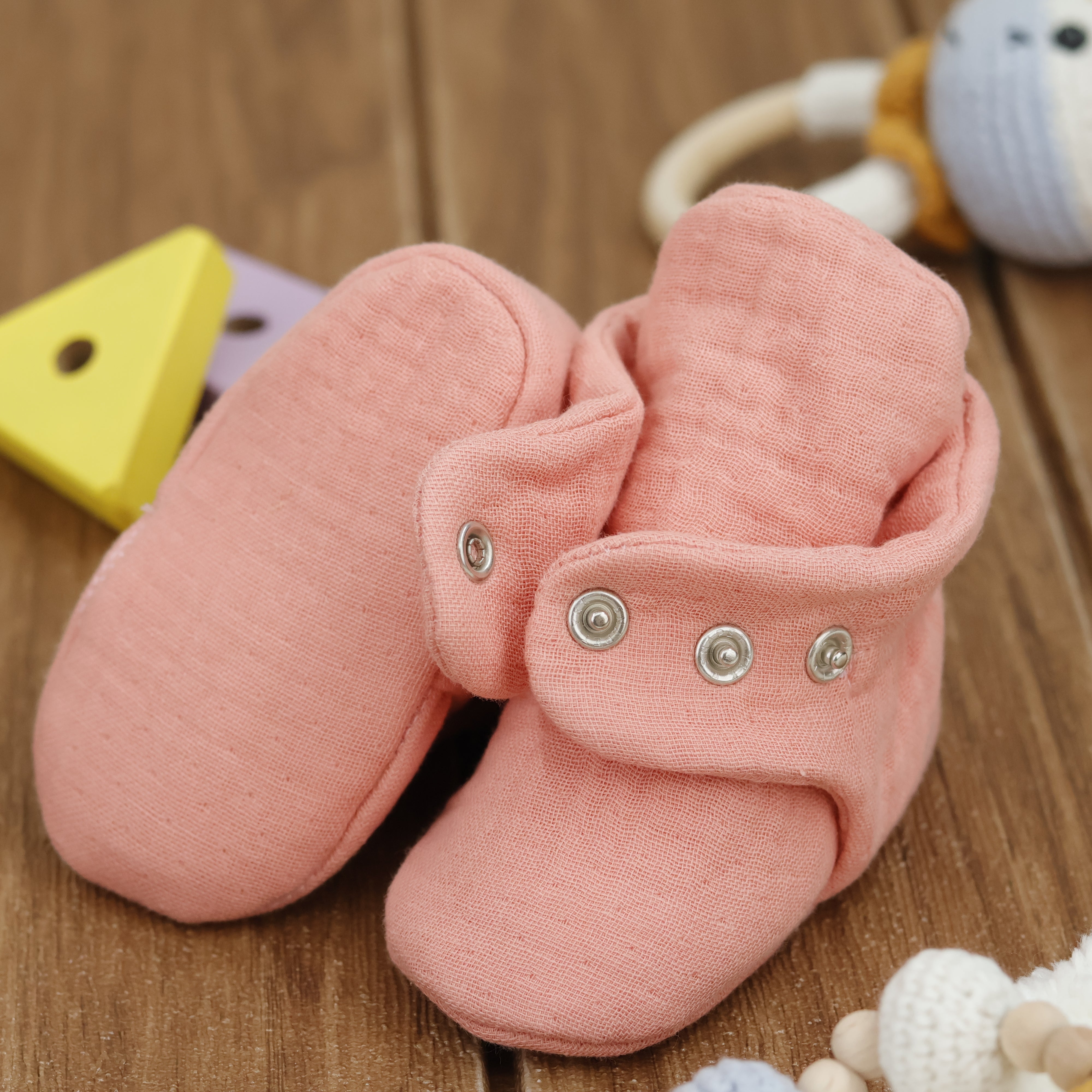 Muslin Stay On Baby Booties Dustyrose