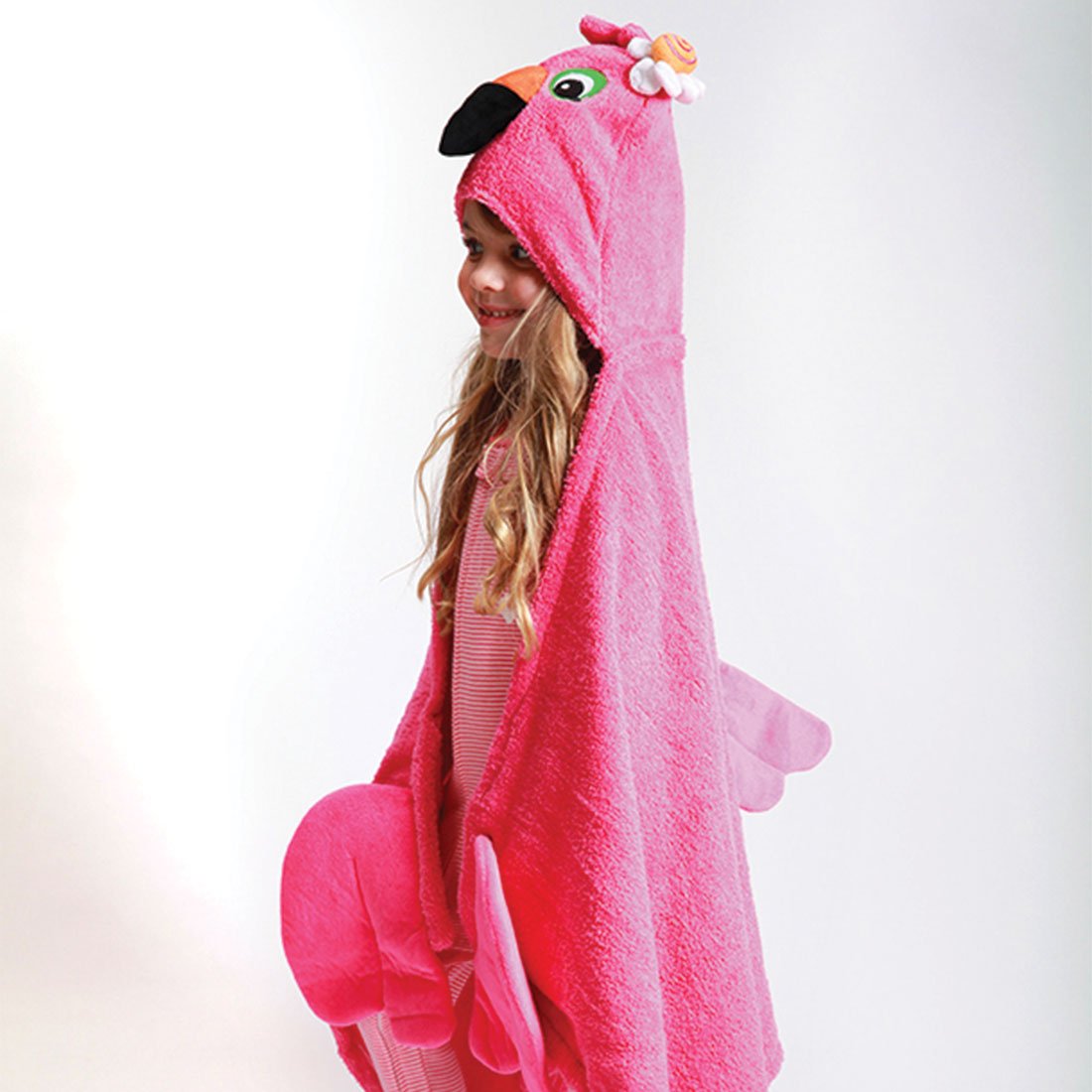 Kids Plush Terry Hooded Bath Towel - Franny The Flamingo