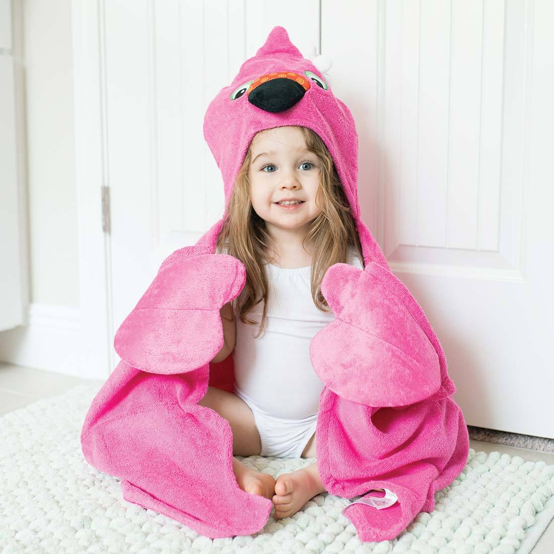 Kids Plush Terry Hooded Bath Towel - Franny The Flamingo