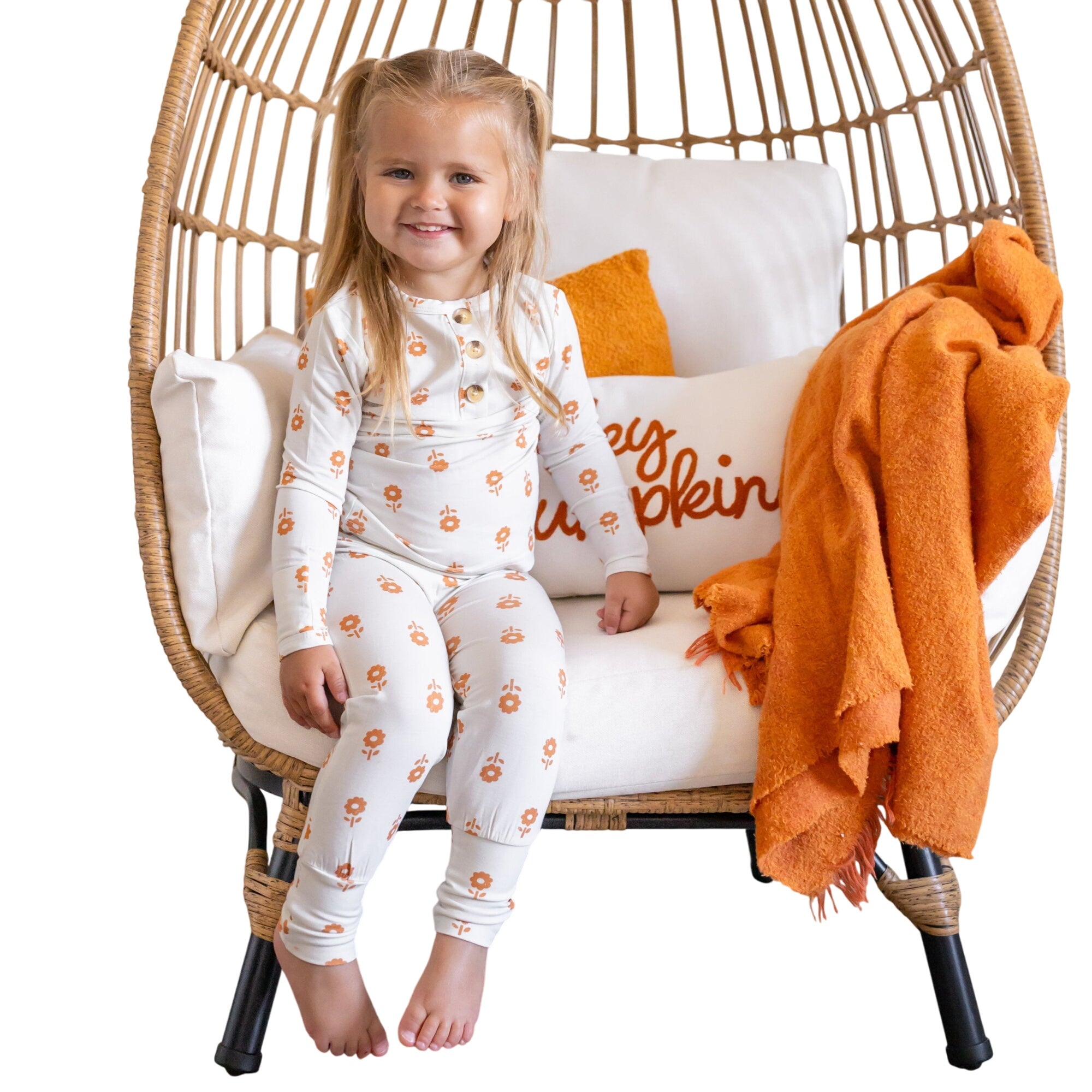 Pumpkin Posie Bamboo Pajamas For Kids - 2pc Henley Set