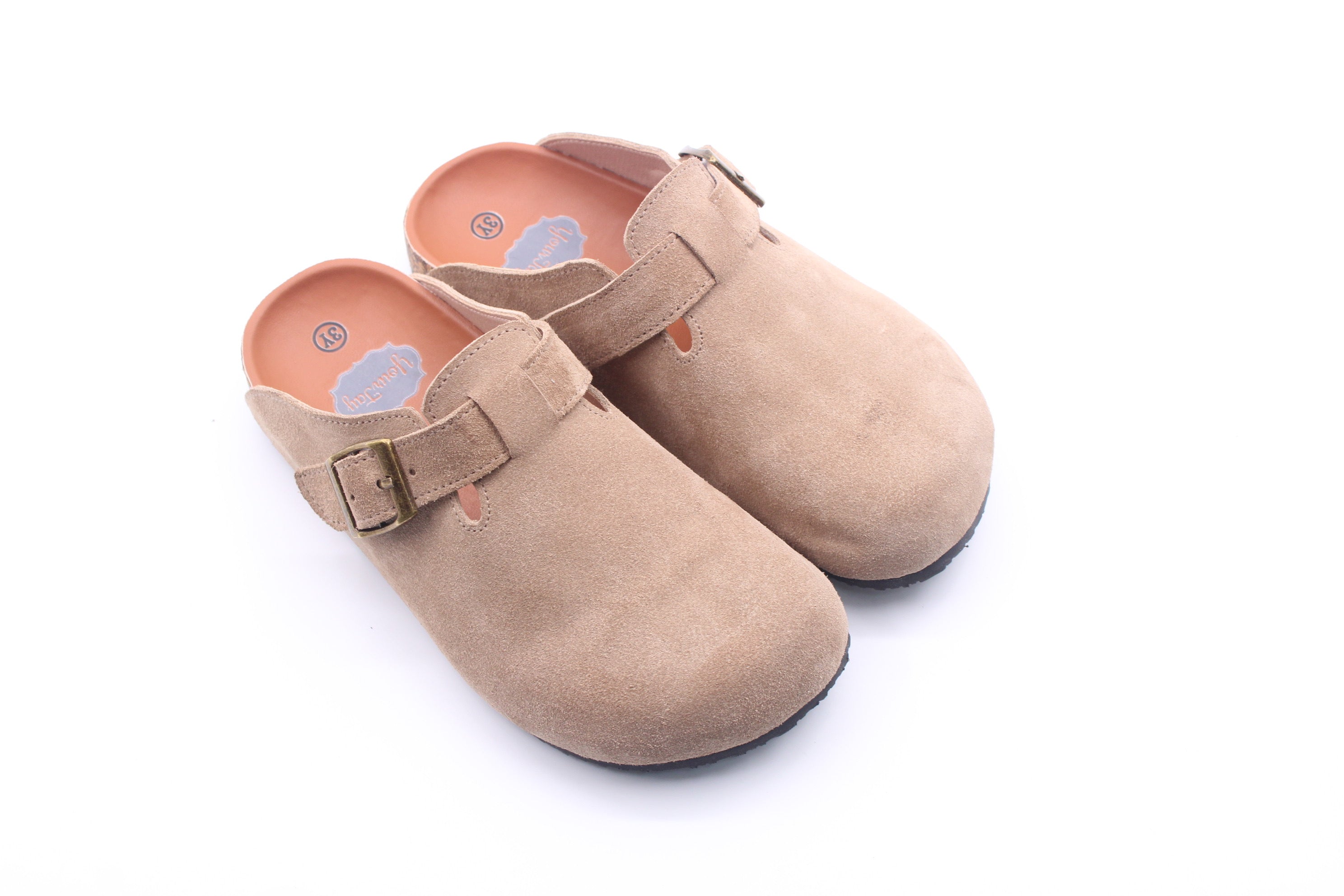 Queens Closed Toe Footbed Sandals - Tan Suede Leather