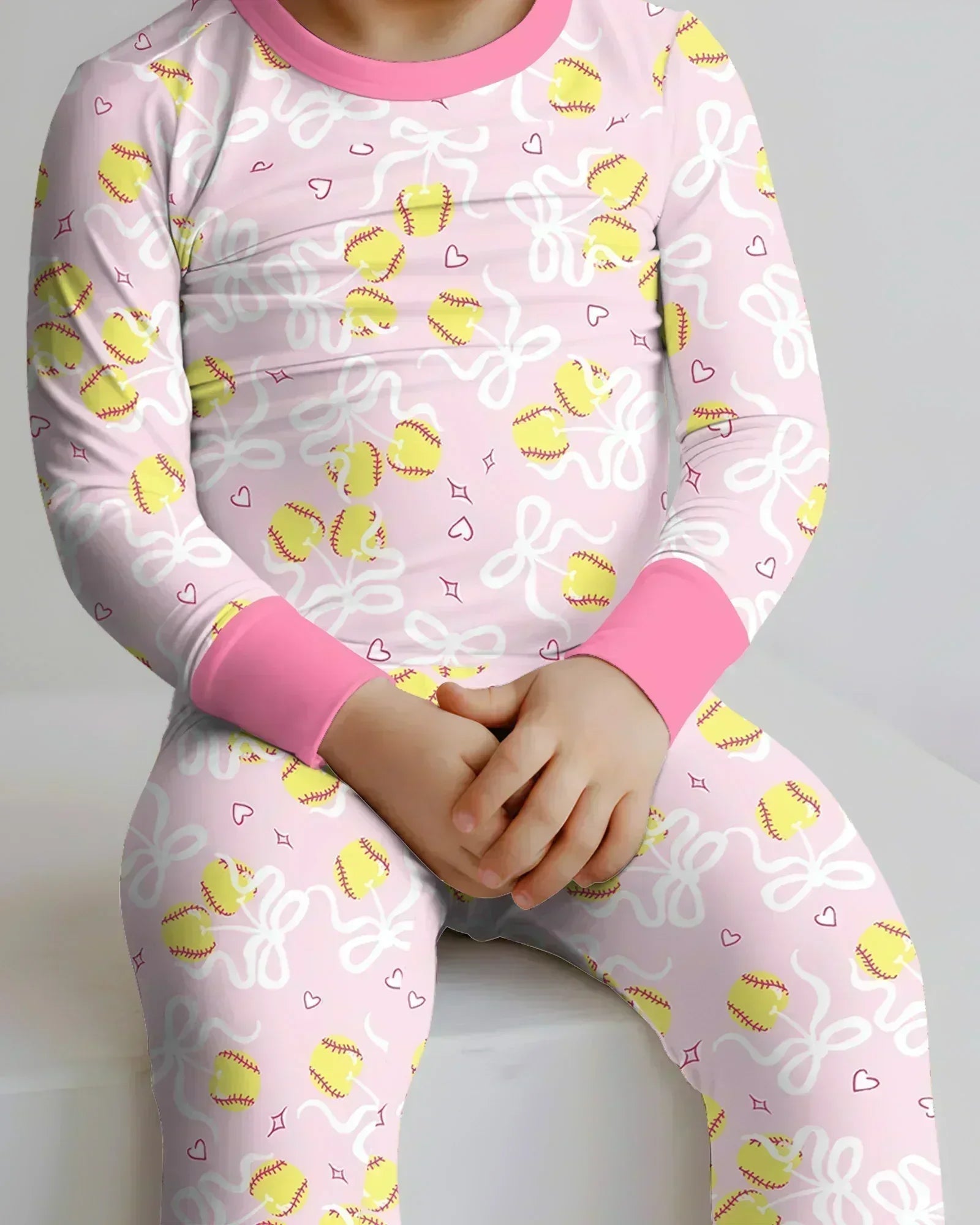 Softball Cherry Mom And Girl Matching Bamboo Two Piece Long Sleeve Pajama Set