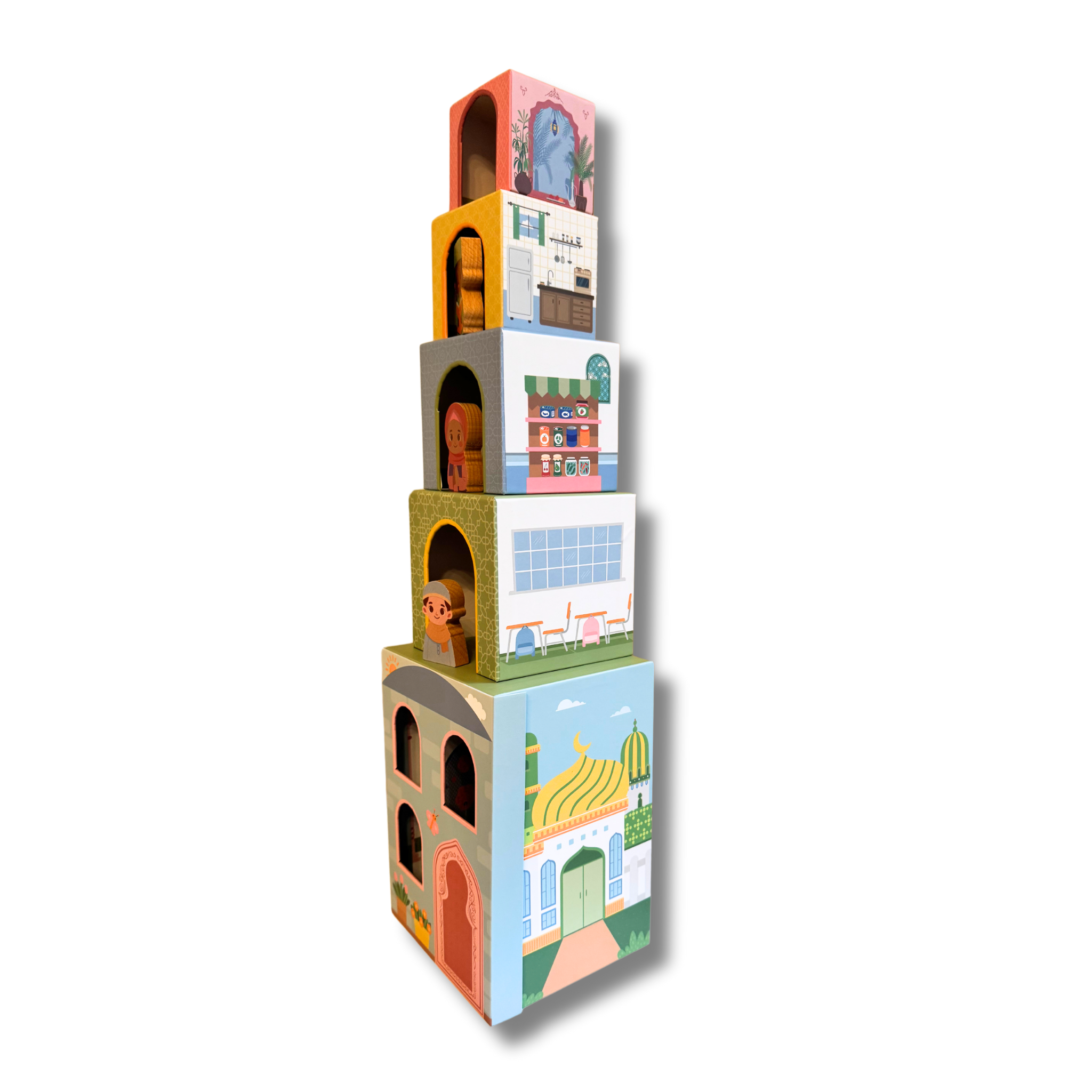 Stacking Houses (set Of 5 Houses And 3 Hardwood Characters)