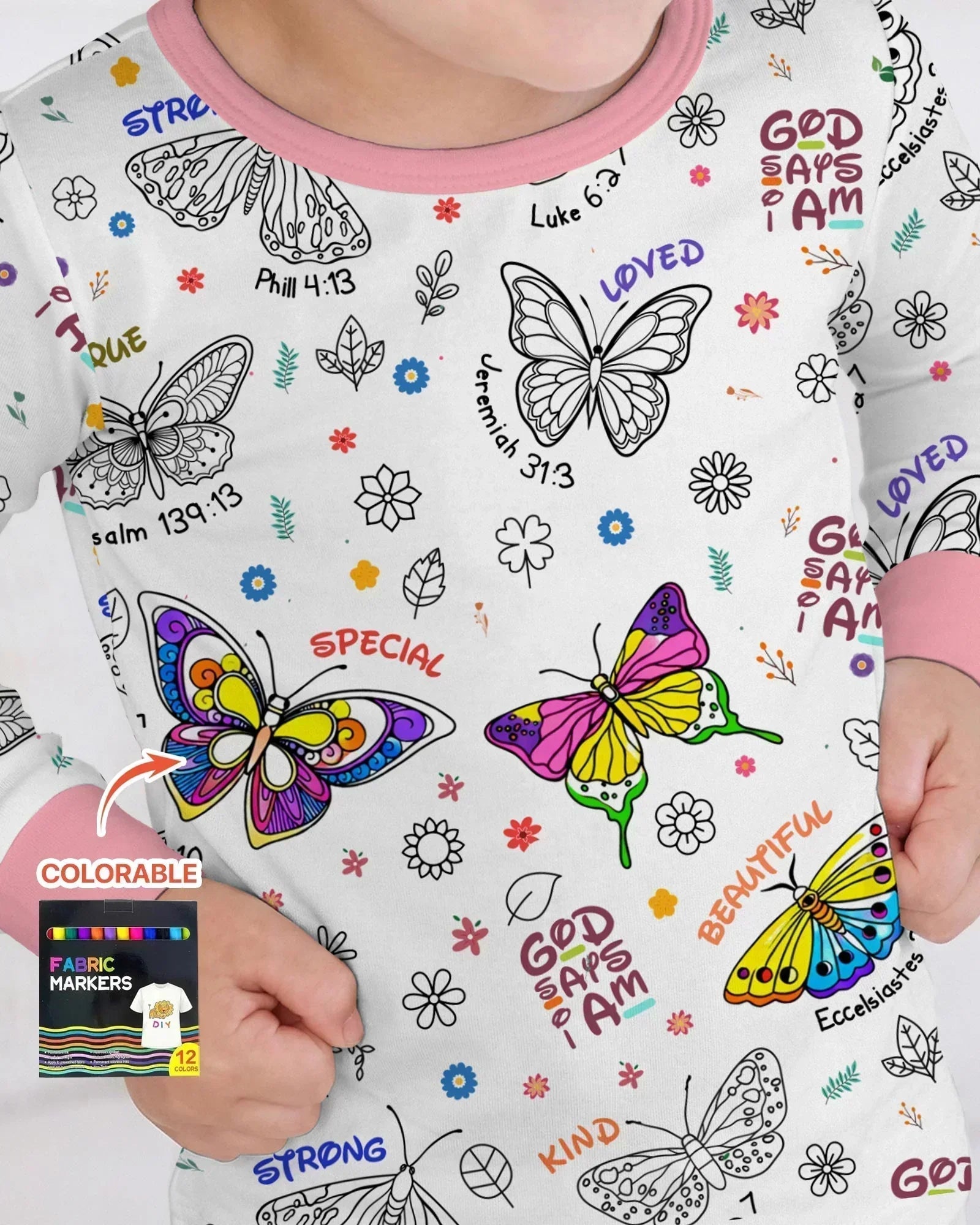 Colorable God Says I Am Butterfly Bamboo Two Piece Long Sleeve Pajama Set