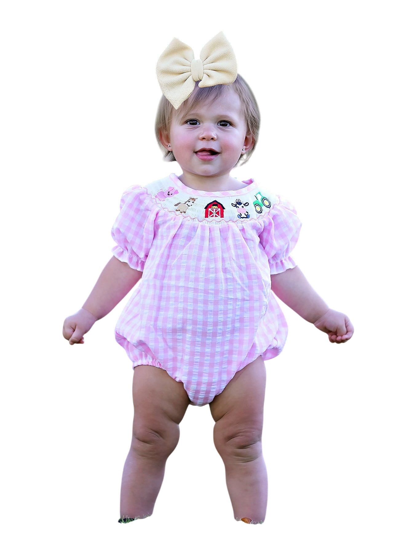Farm Pink Smocking Embroidered Girls Romper