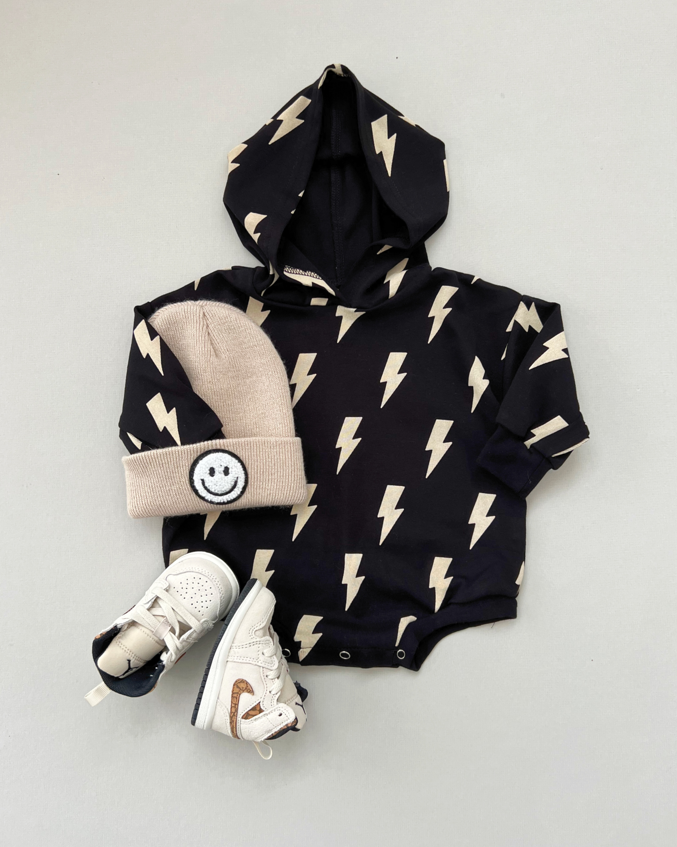 Hooded Bubble Romper | Black Bolts