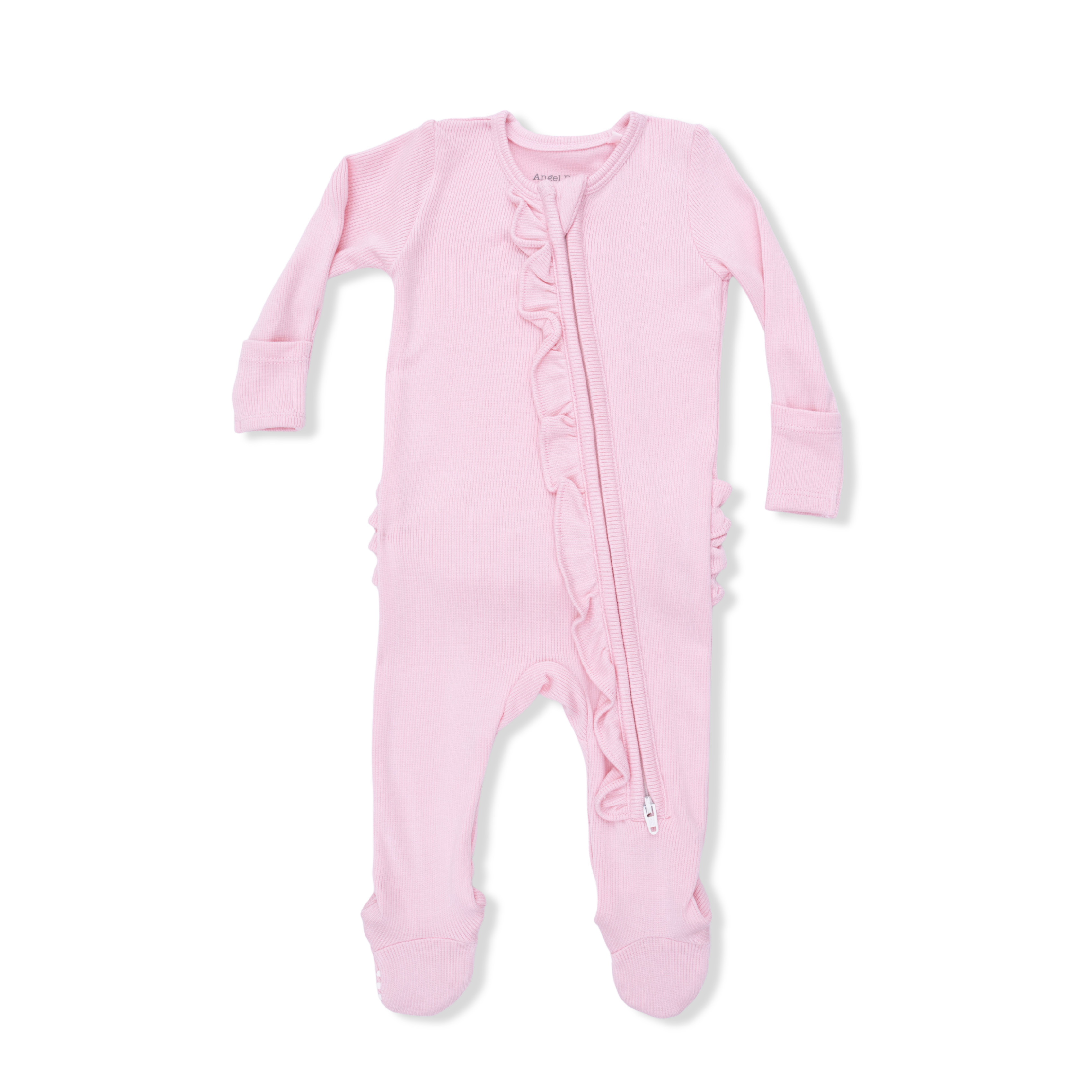 Solid Romance Rose Rib - 2 Way Ruffle Front Zipper Footie