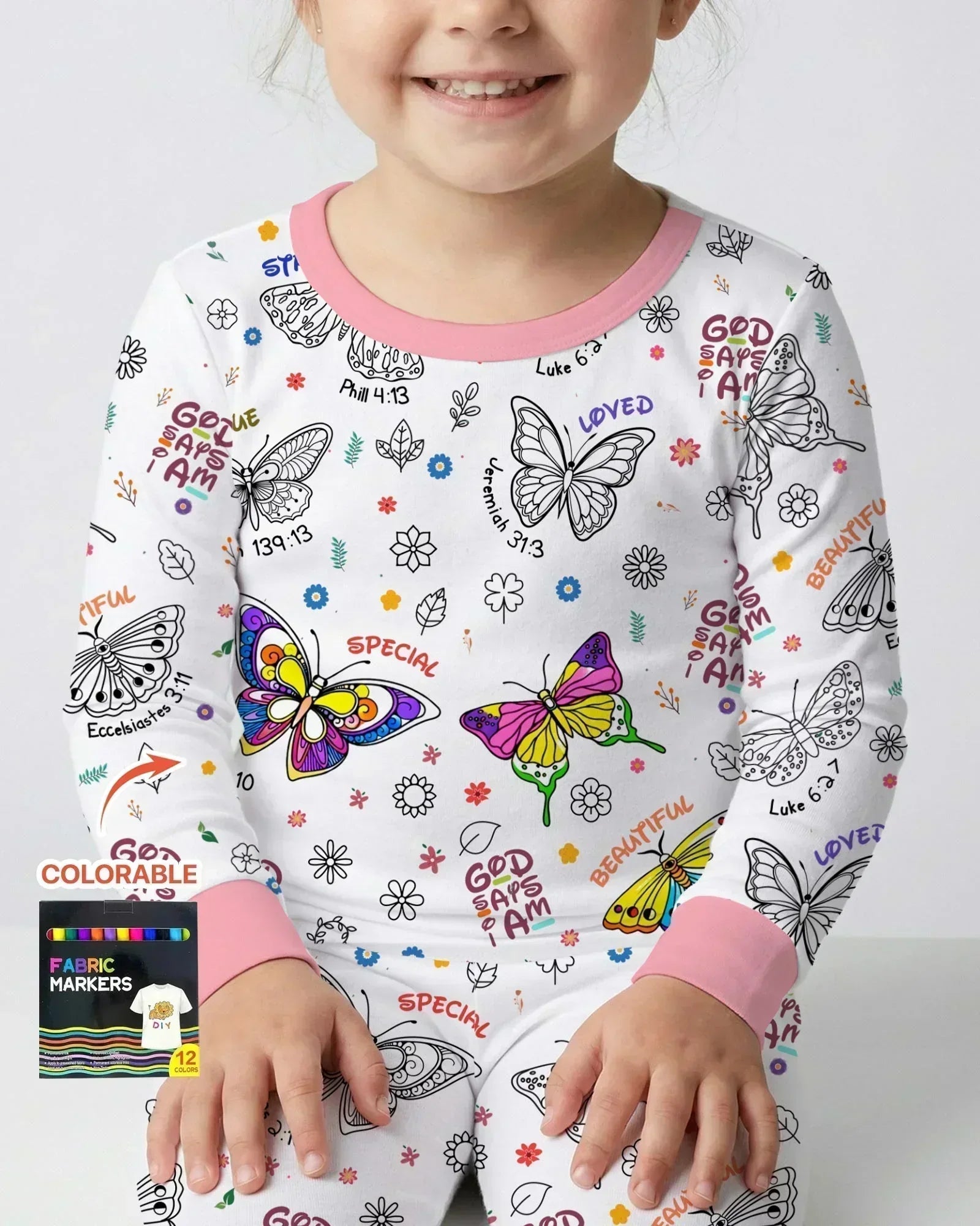Colorable God Says I Am Butterfly Bamboo Two Piece Long Sleeve Pajama Set