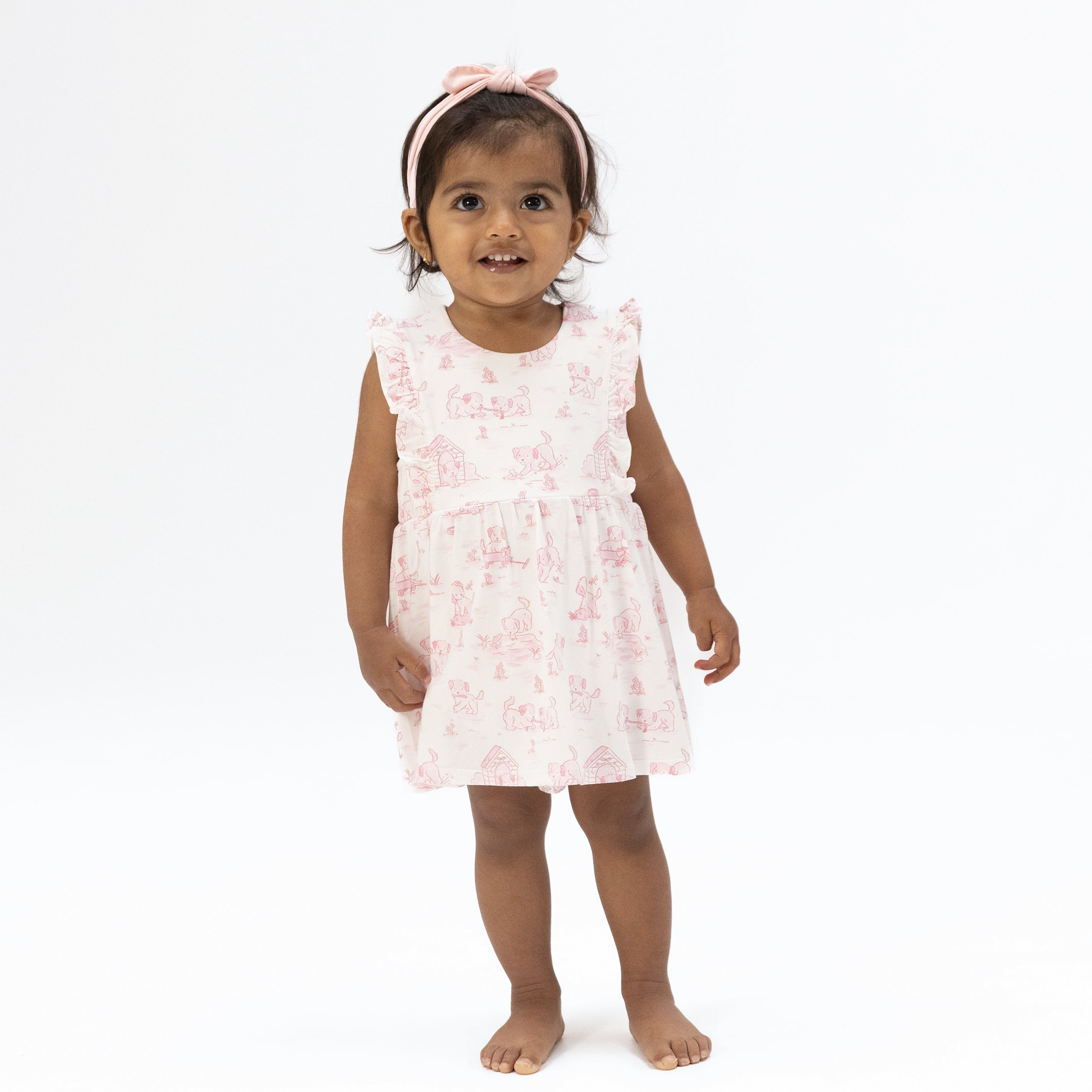 Puppy Toile Pink - Ruffle Bodysuit Dress