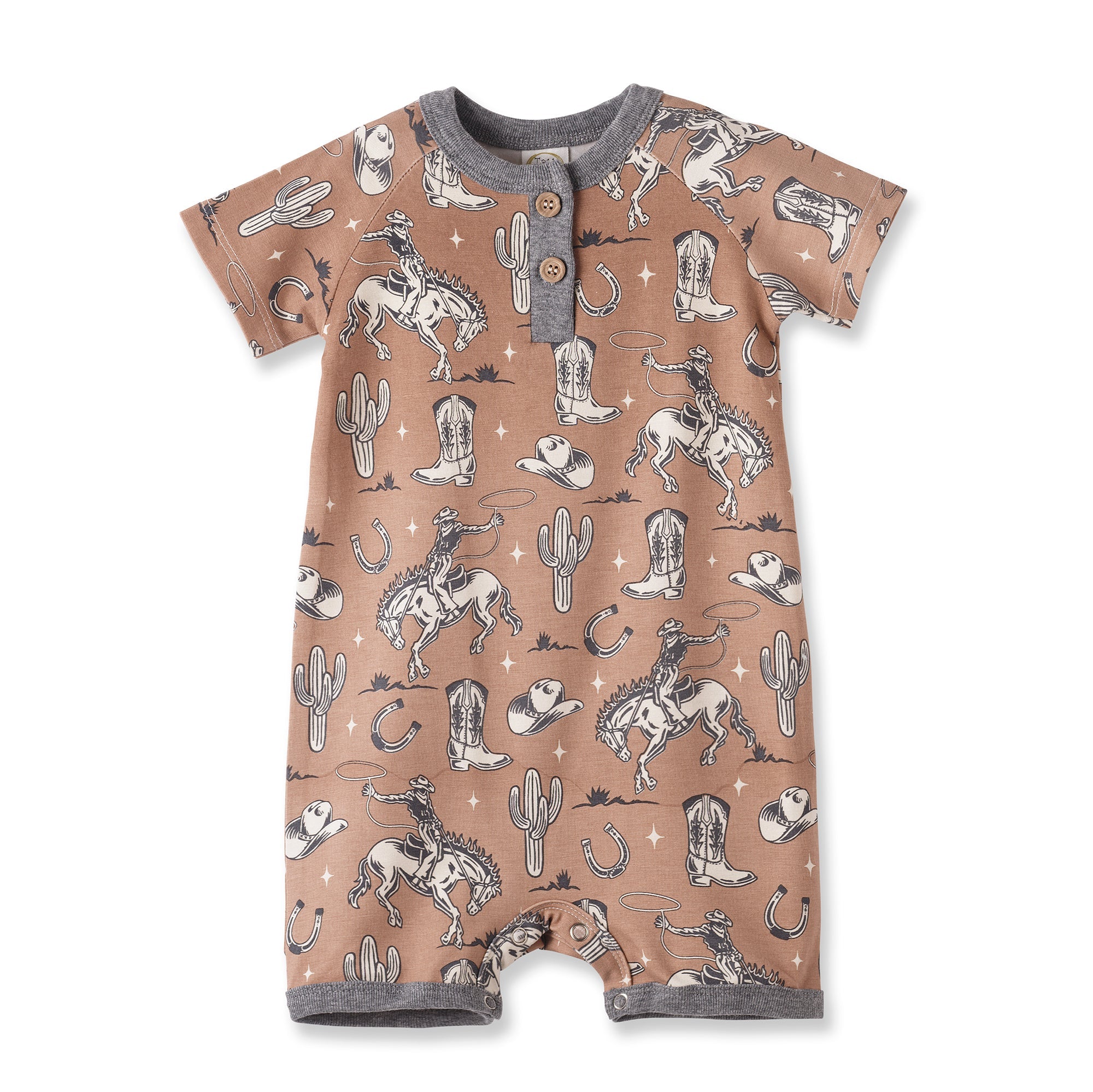 Wild Wrangler/brown Western Bamboo Shorty Romper For Boys