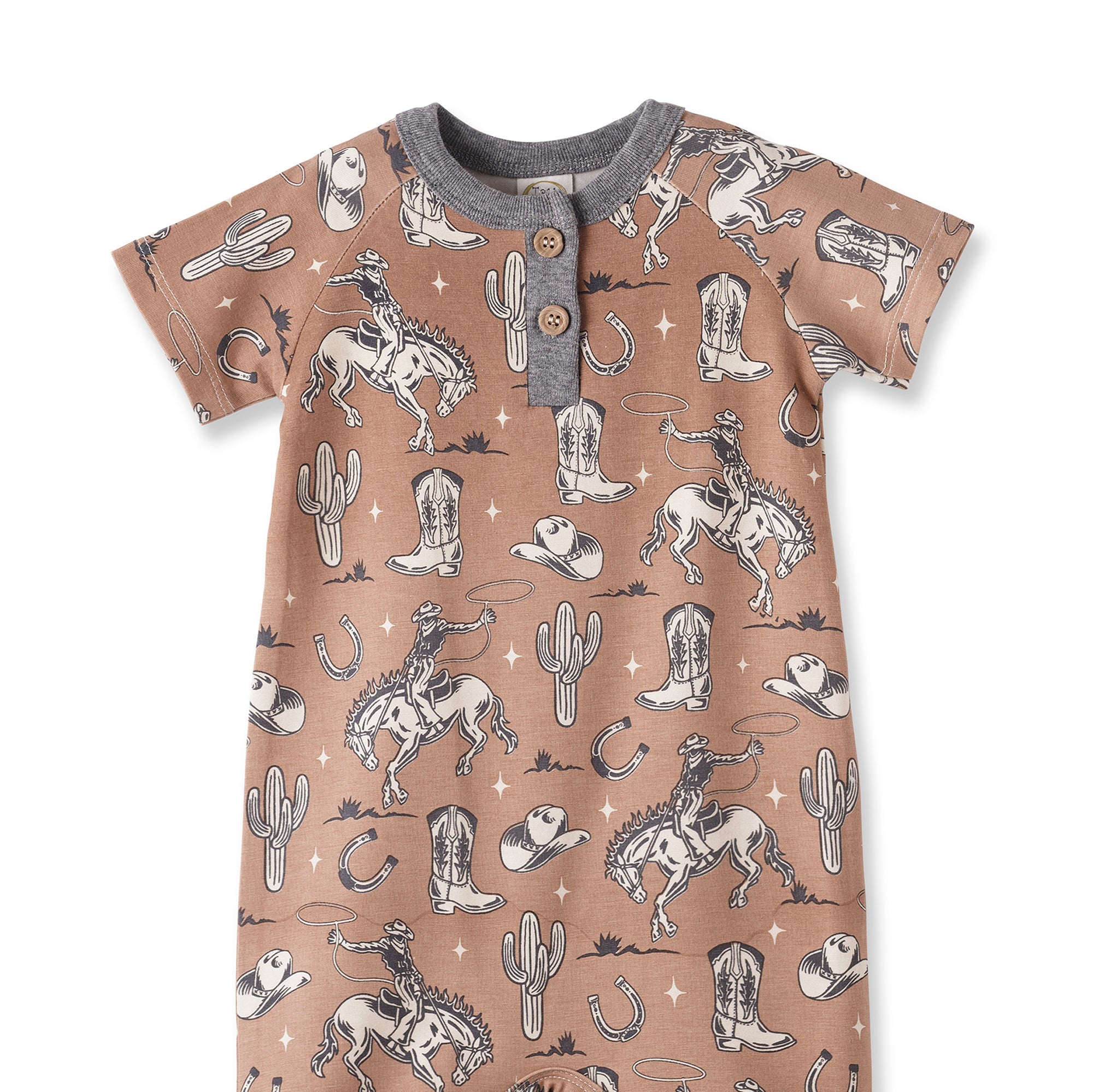 Wild Wrangler/brown Western Bamboo Shorty Romper For Boys