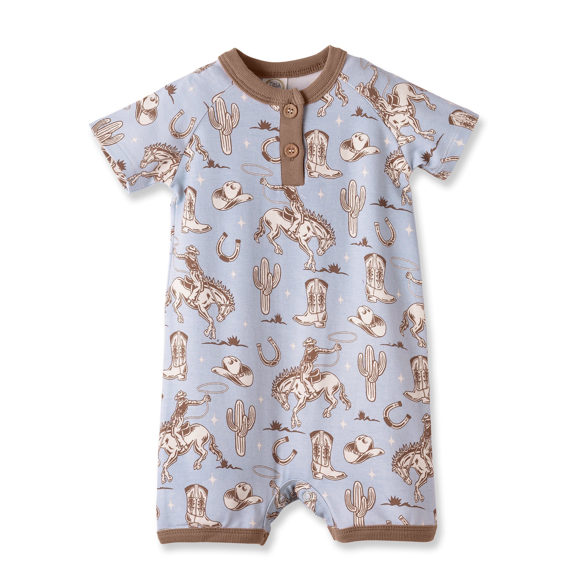 Wild Wrangler/blue Western Bamboo Shorty Romper For Boys