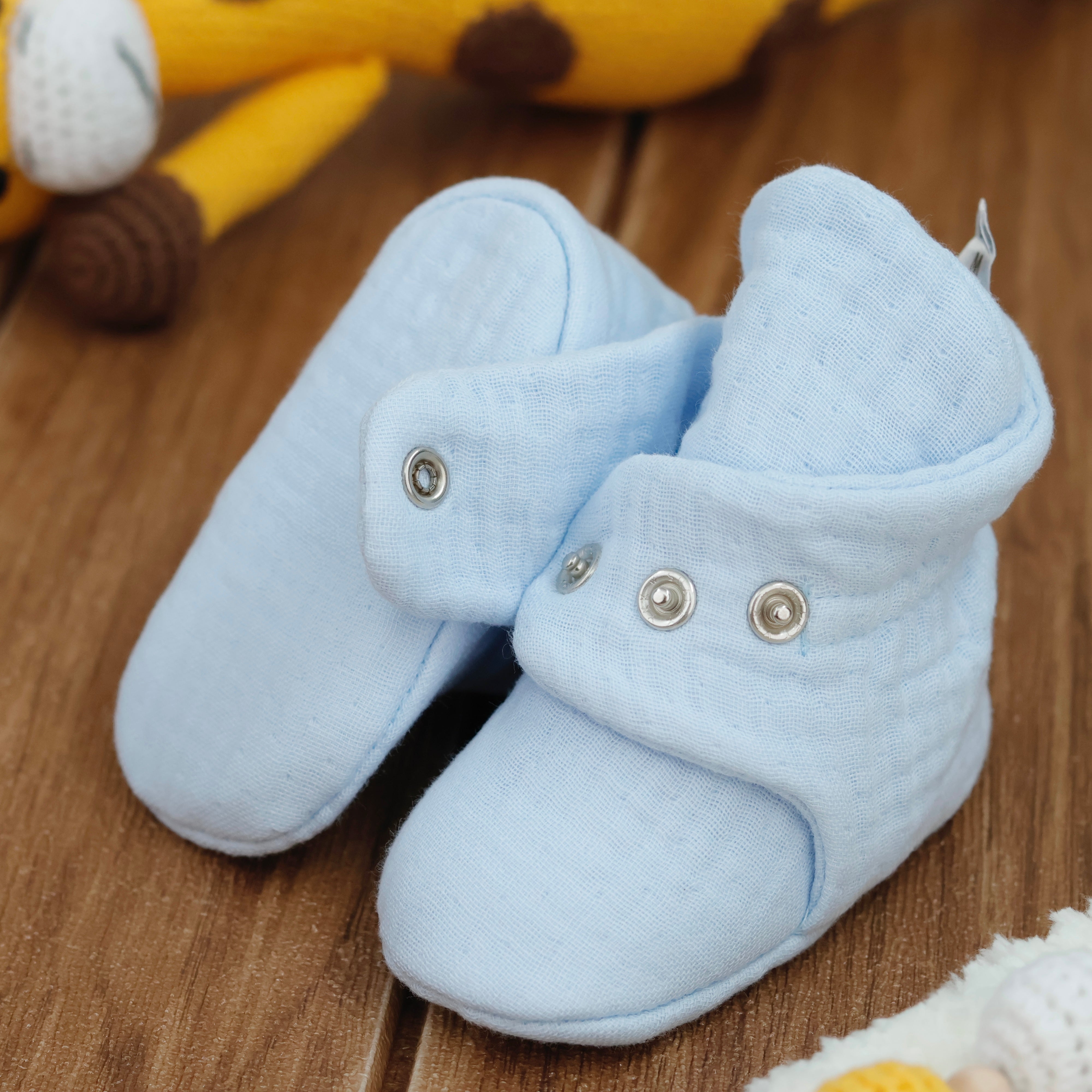 Muslin Stay On Baby Booties Blue