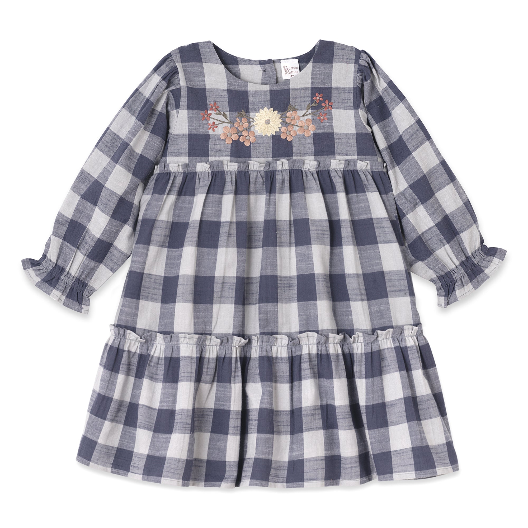 Buffalo Check Girls Cotton Dress With Floral Embroidery & Ruffles