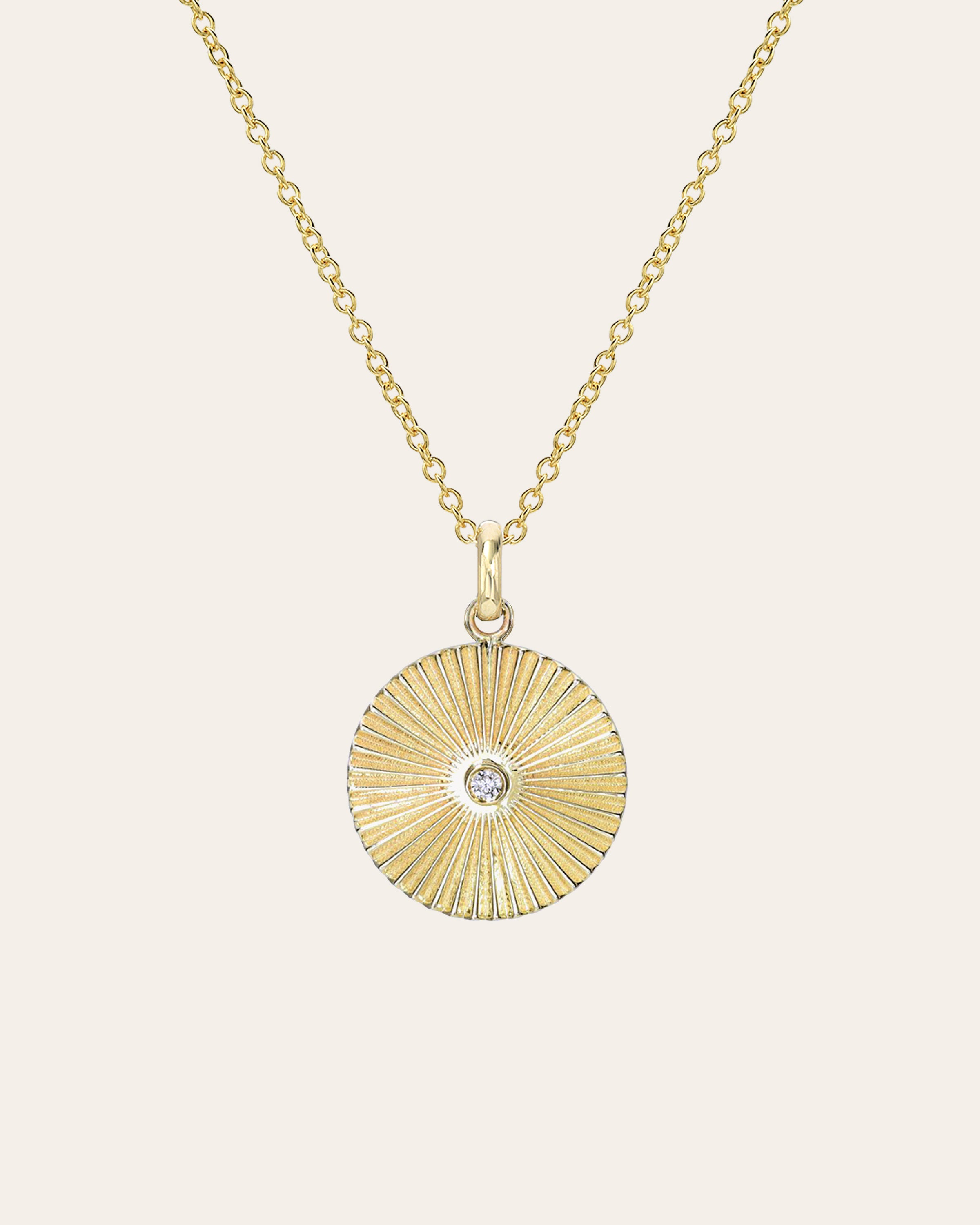14k Gold Pleated Disc With Diamond Necklace