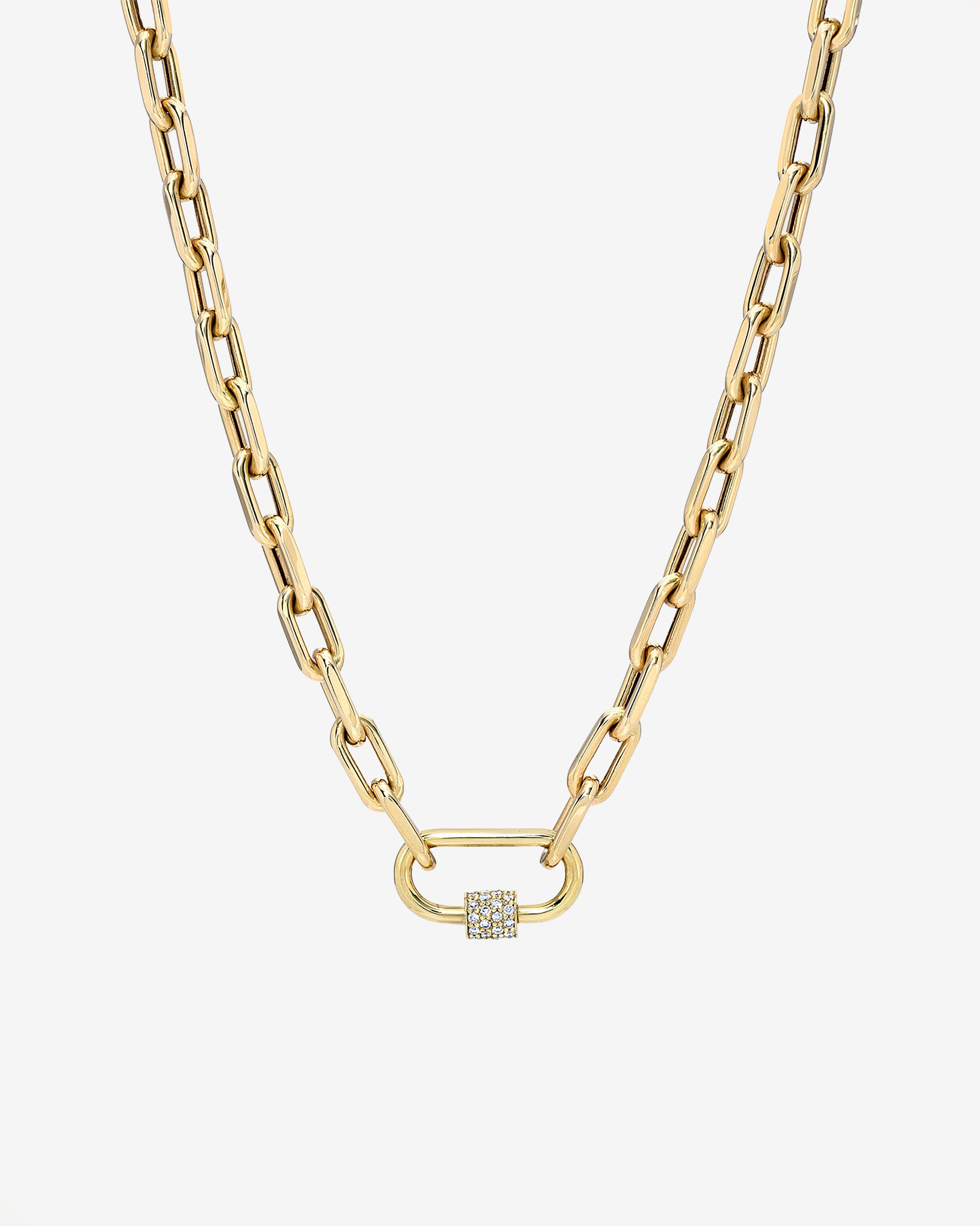 14k Gold Large Open Link Chain With Diamond Carabiner Necklace